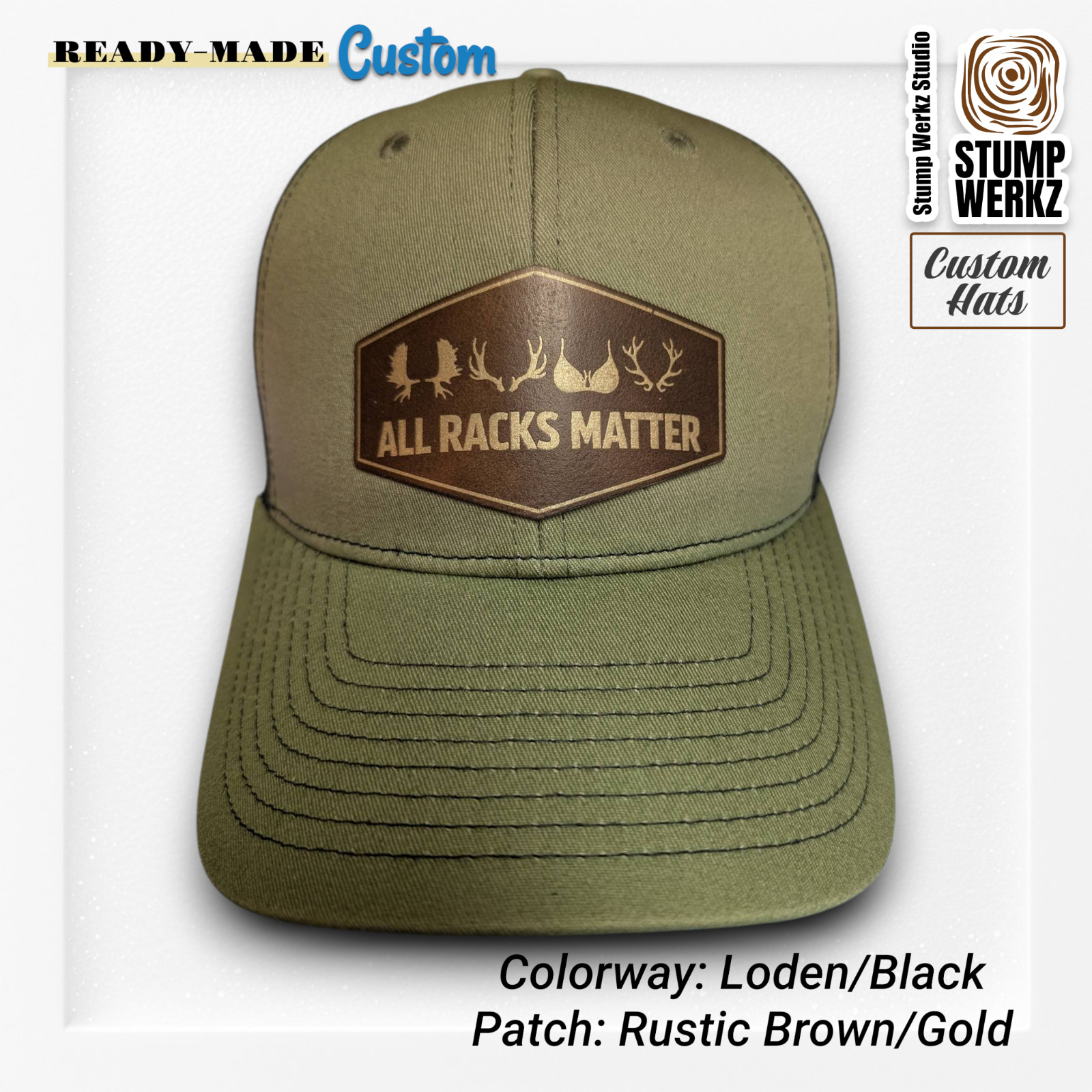 Custom Hat Trucker Baseball Cap Snapback Leather Patch Hunting ALL RACKS MATTER