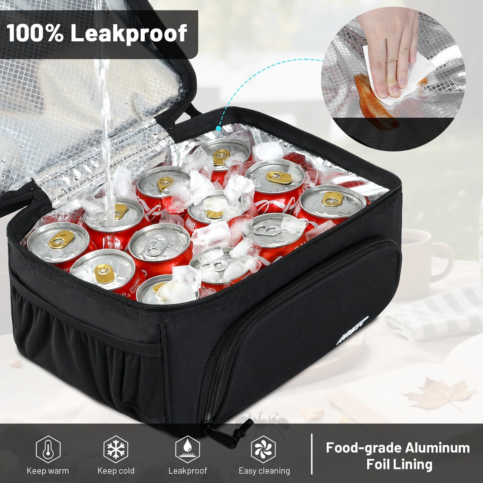 MIER Dual Compartment Lunch Bag Tote with 10.5 x 7.75 x inches, Black