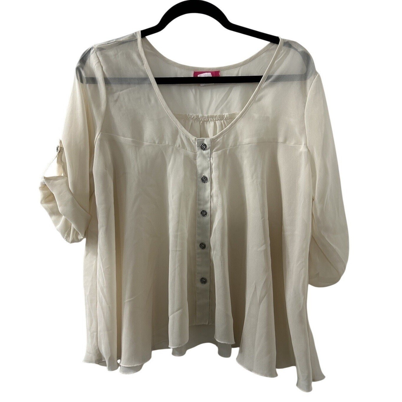 Analogy Sheer Chiffon Blouse L Ivory Roll Tab Button Boho Minimalist Office