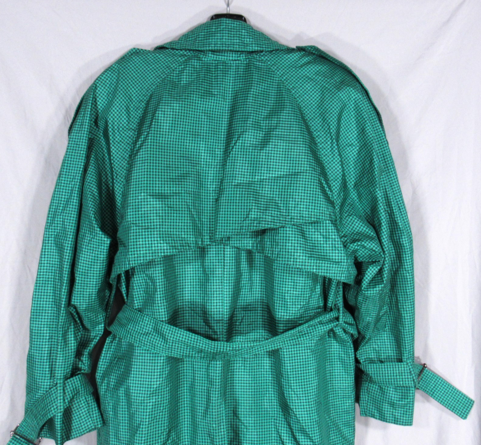 VTG LONDON FOG Petite GREEN/BLACK MICRO CHECKS Buttons w/Belt TRENCH COAT Sz 4P