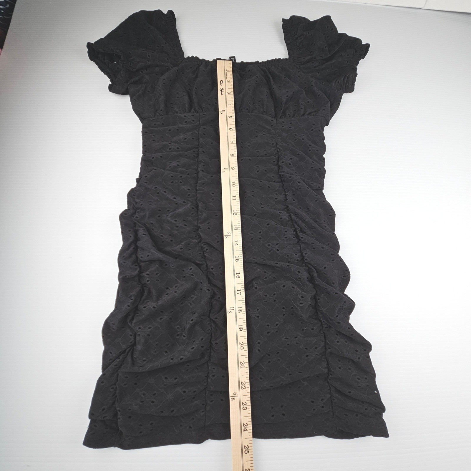 H&M Divided Black Eyelet Ruched Mini Dress Short Puff Sleeve Witchy Whimsigoth M
