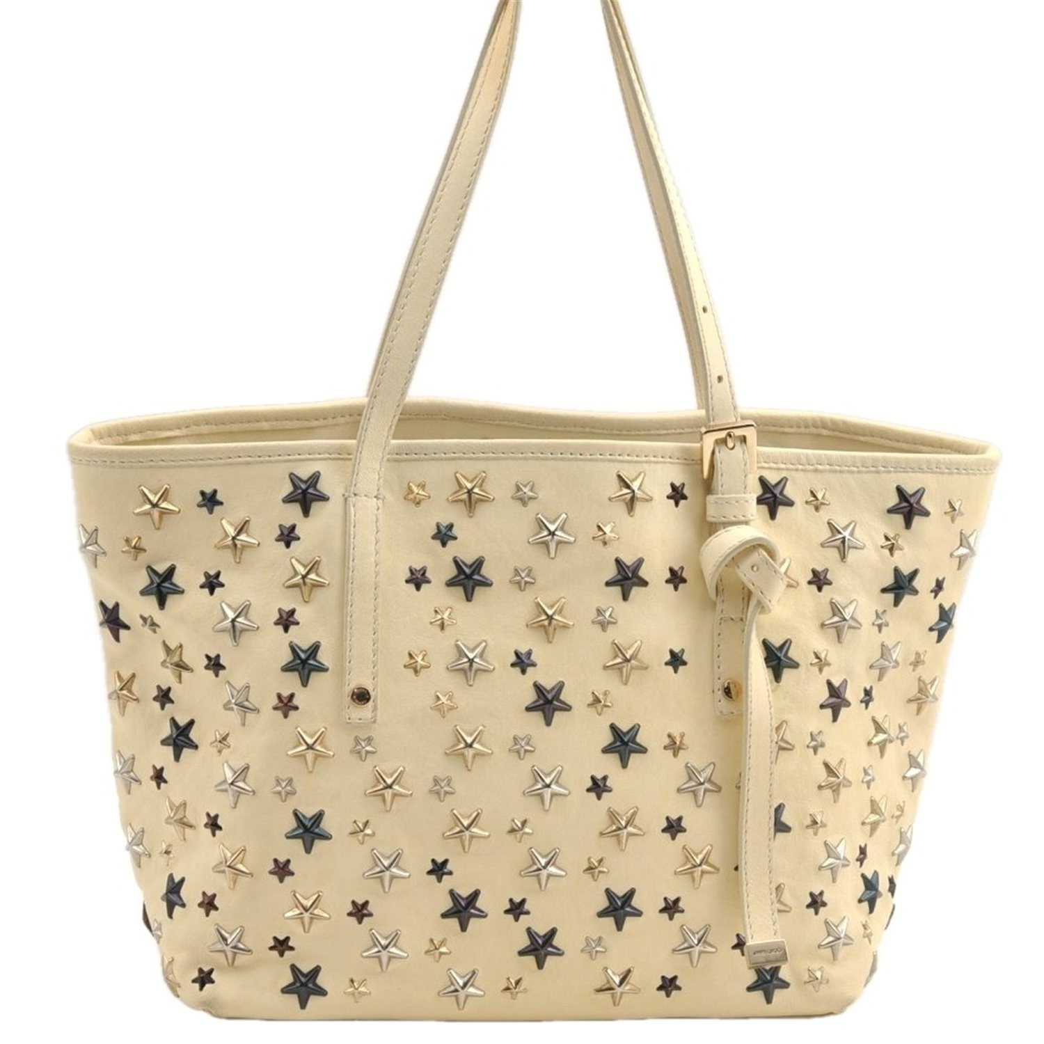 Authentic JIMMY CHOO Sasha S Star Studs Leather Shoulder Tote Bag White AB597