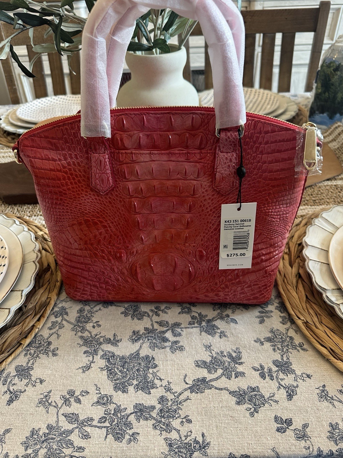 Brahmin Coral Croc-Embossed Satchel Zip Top Double Handles Gold Hardware