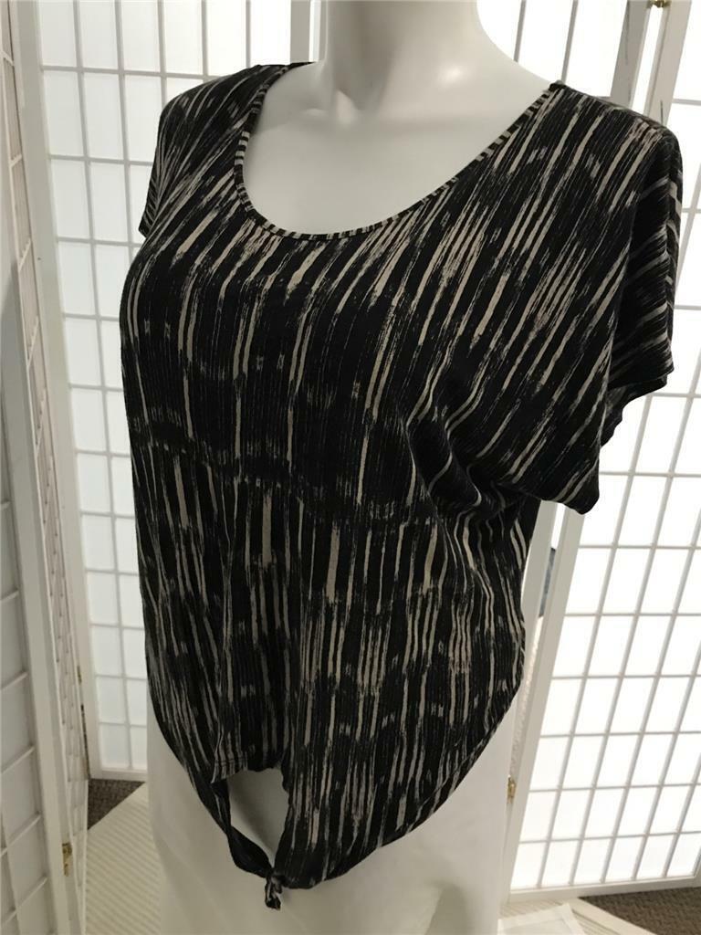 Women’s Hot Options Sz 14 Raven Black Soft Tan Stripe Summer Tie Waist Blouse