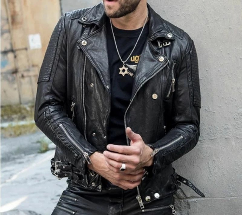 Mens Genuine Leather Black Motorcycle Jacket Cross zip Biker Designer Jacket