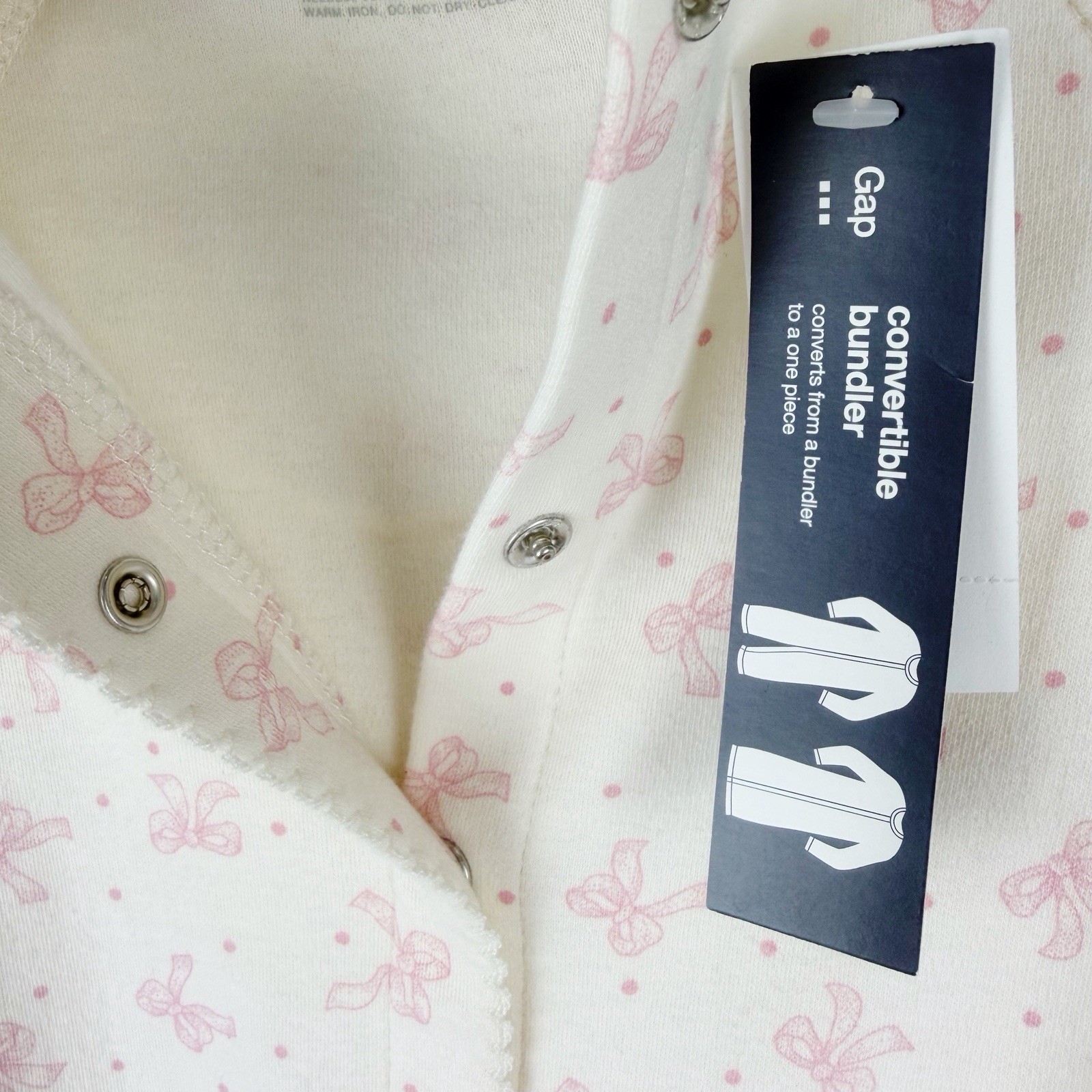 Baby Gap Convertible Infant Gown Pink Bows Fold Over Cuffs 100% Cotton 0-3M NWT