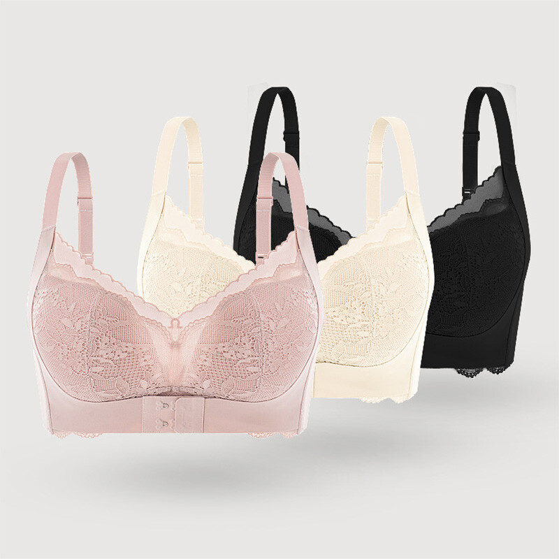 100% Silk Lining Women Bra Lace Front Closure Push Up Wireless Bralette Set