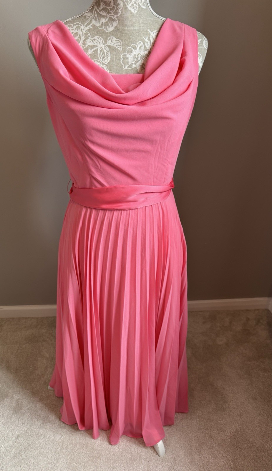 GODIVA LONDON CORAL PINK COWL NECK PLEATED A-LINE CHIFFON MIDI DRESS SIZE 12