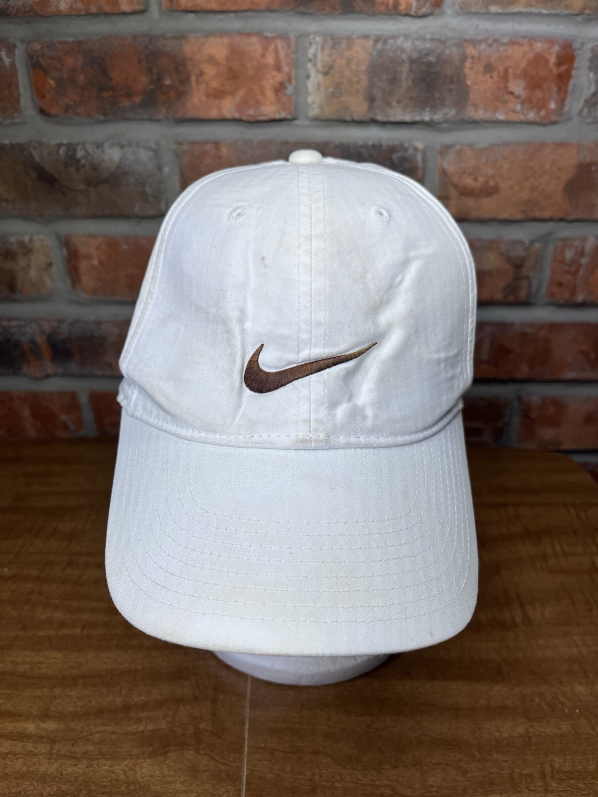 Nike Brown Swoosh Logo Legacy91 Dri Fit Stained White Strapback Hat Athletic