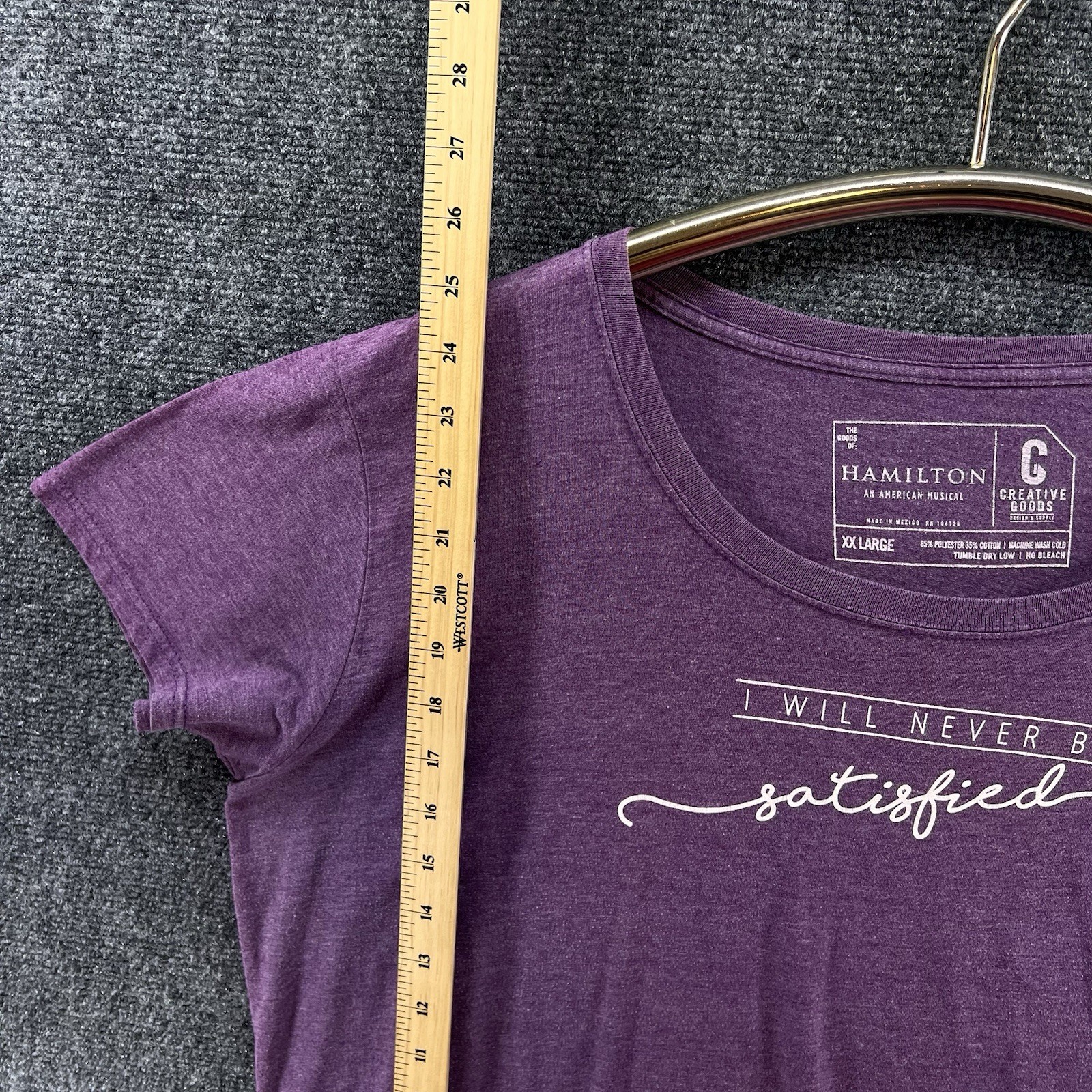 Hamilton Musical Graphic T-Shirt Womens 2XL ‘Never Be Satisfied’ Purple Official