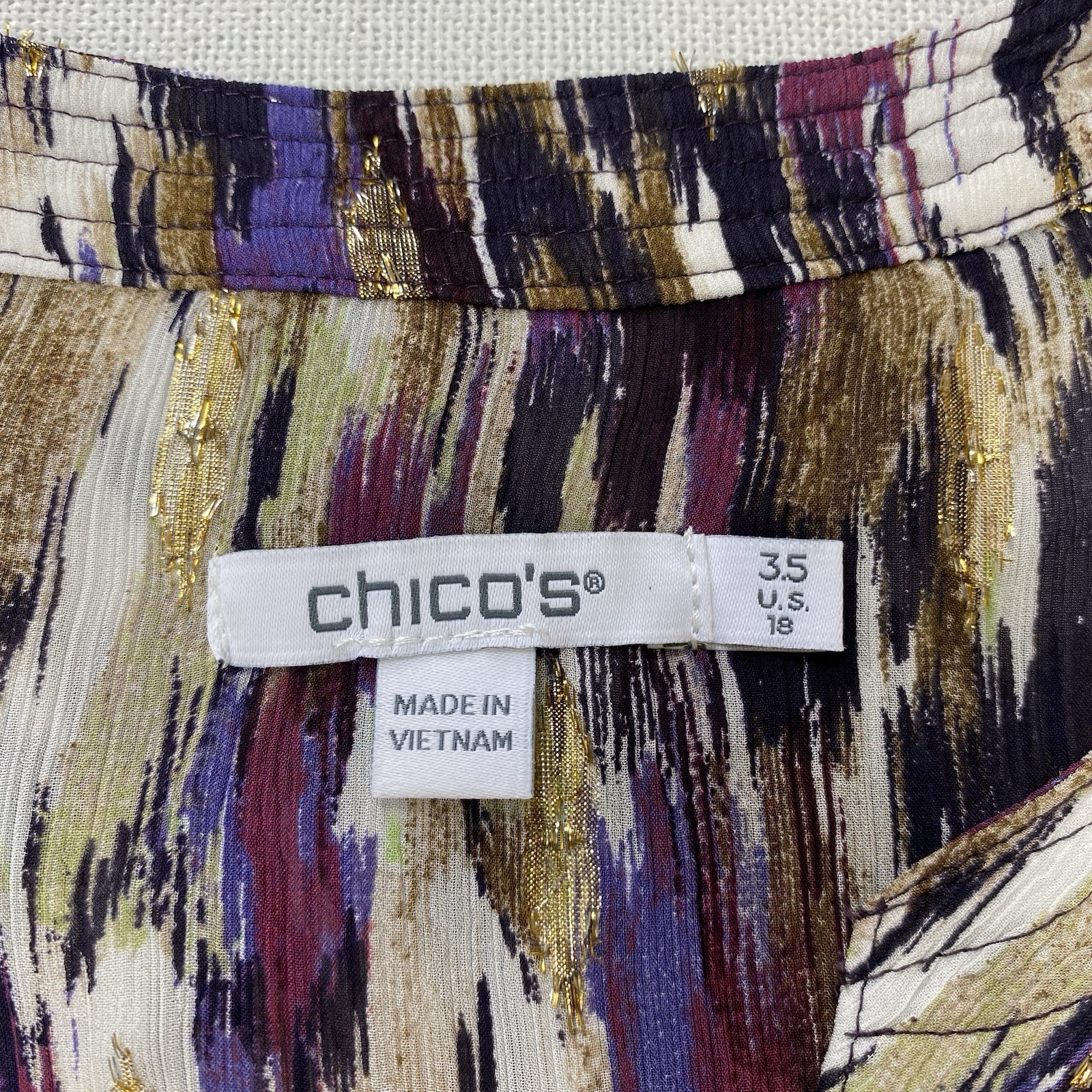 Chicos Purple Metallic Button Up Shirt Crinkled Semi-sheer Lightweight Sz 3.5/18