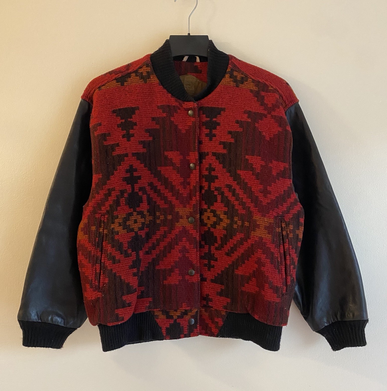 Vintage 90s Woolrich Aztec Jacket Bomber Wool Small USA Southwestern Leather 80s