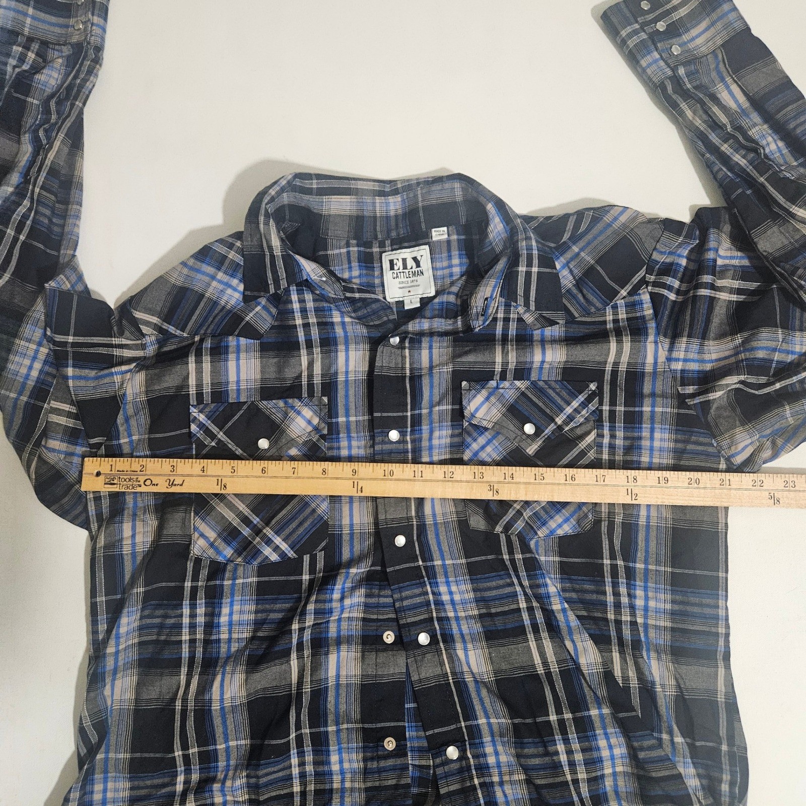 Ely Cattleman Mens Large Western Pearl Snap Shirt Blue Black Plaid Long Sleeve
