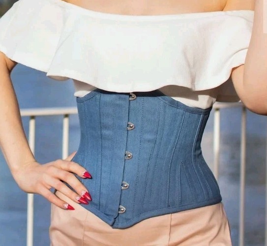Corset Story Blue Denim Look Waspie Steel Boned Underbust Corset Size 38″