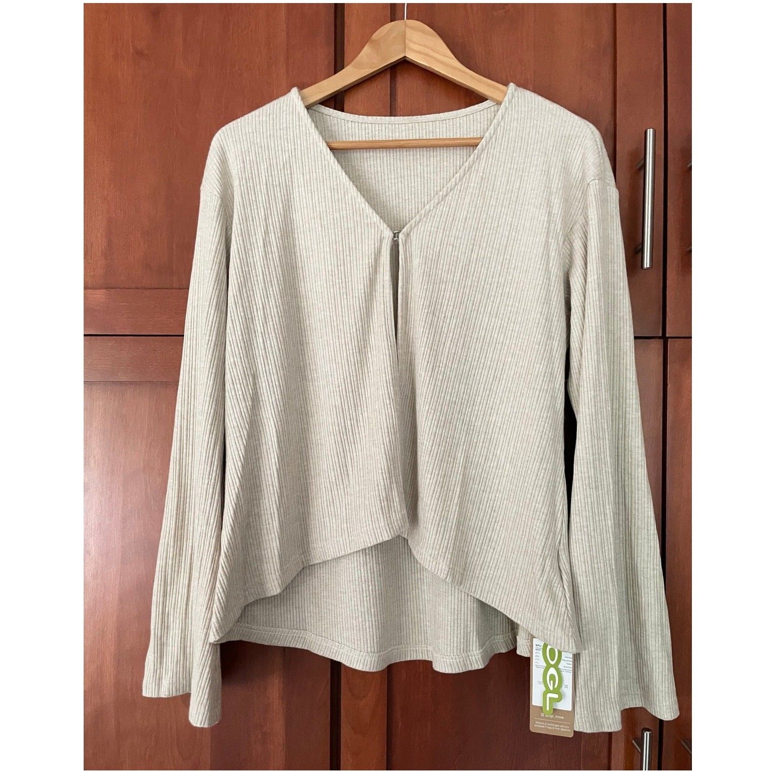 OGL Flare Cardigan Sweater Rib Knit Tan Size Large NEW
