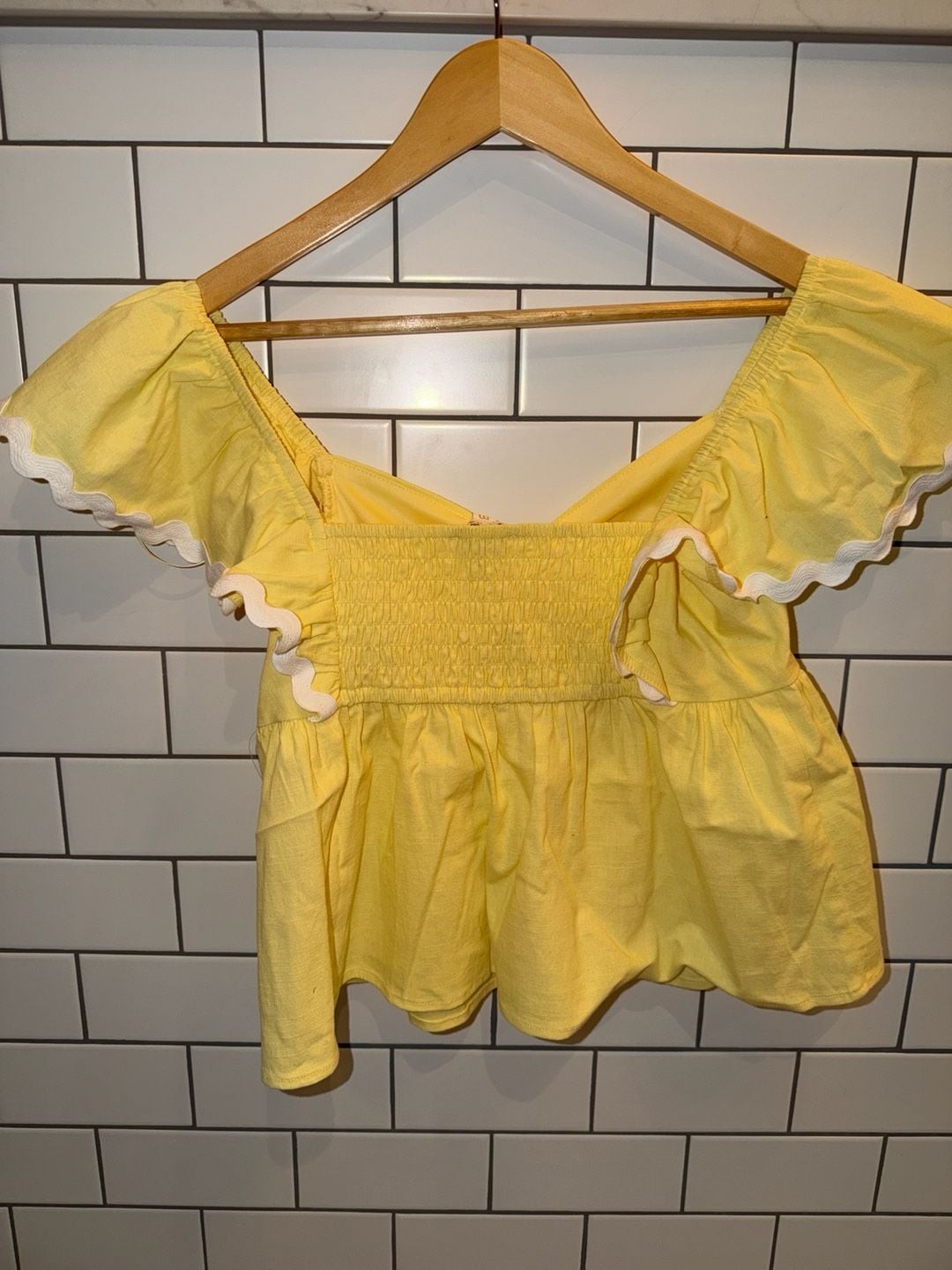 THIRTY/THIRTY L.A. Yellow Ruffle Sleeve Smocked Peplum Top