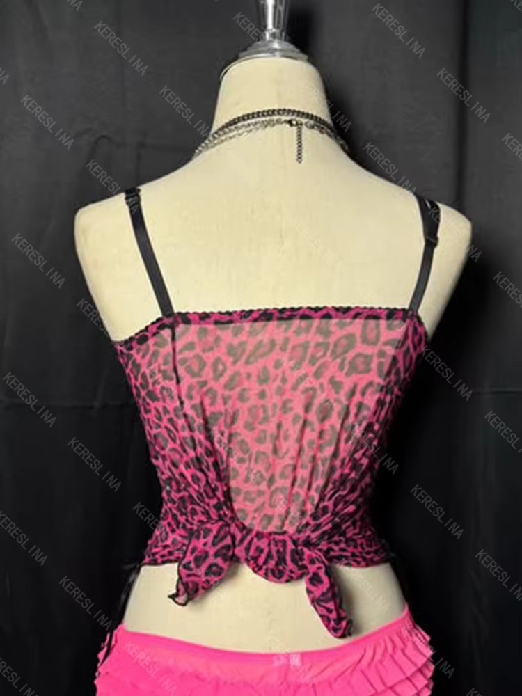 Womens Pink Leopard Print Tank Top Y2K Cami Ruffle Babydoll Lace Trim S-L