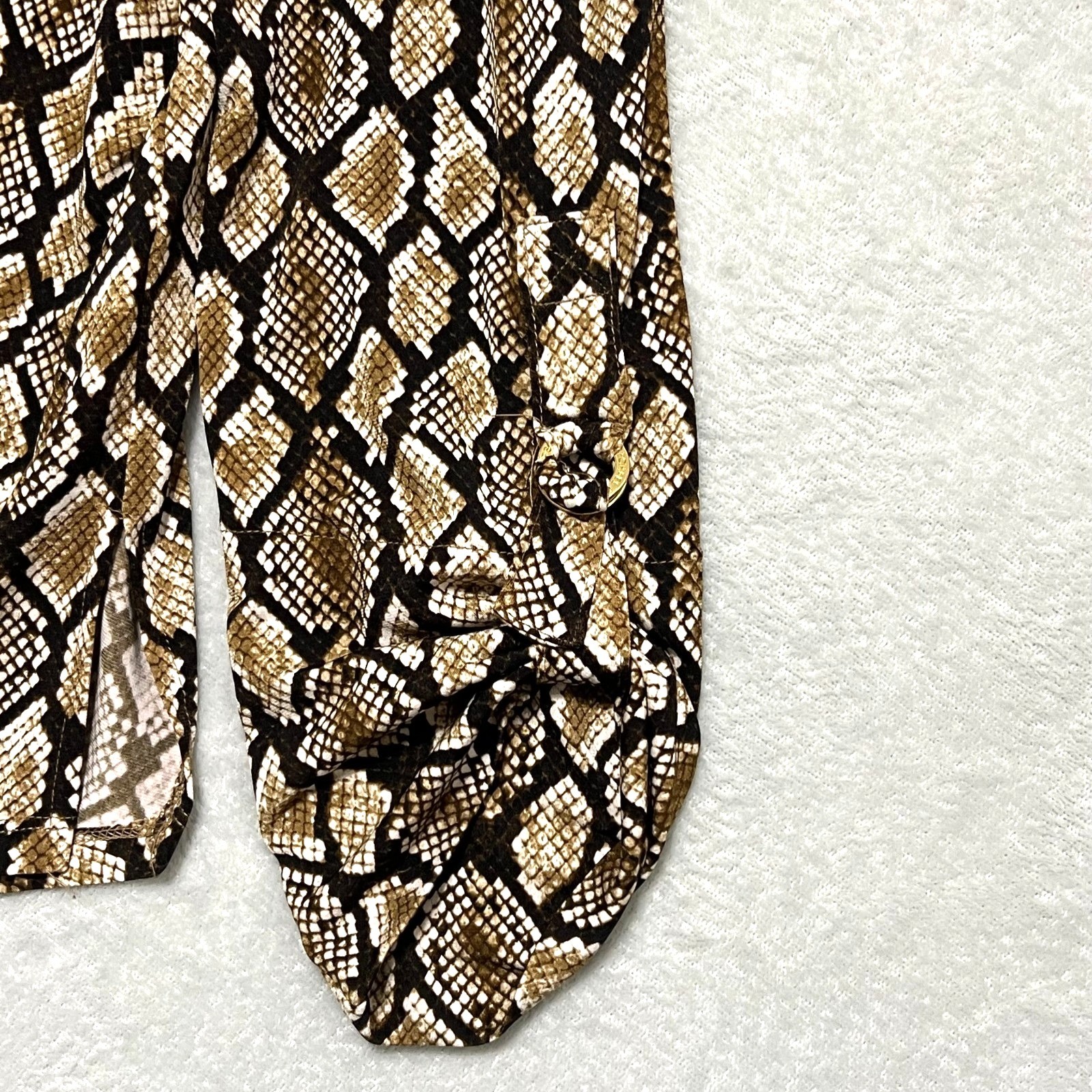 Michael Kors Button Blouse Womens Medium Brown Snakeskin Roll Tab Sleeve Top