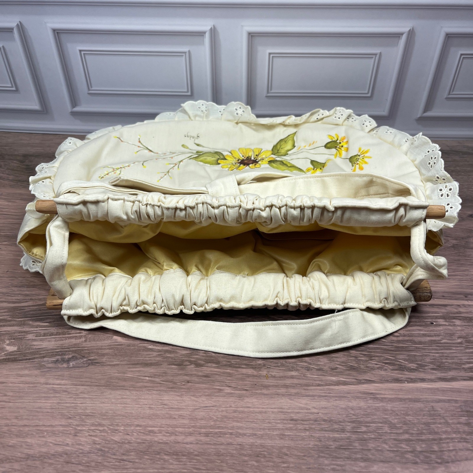 Hand Painted Floral Butterfly Handbag Cream Eyelet Lace Wood Handle Cottagecore