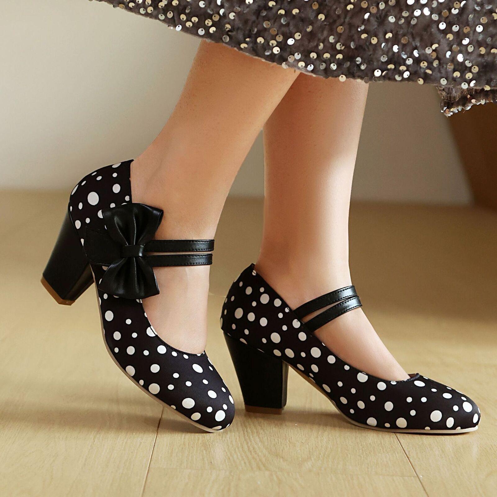 Women’s Bowknot Polka Dot Mary Jane Sweet Dress Party Casual High Heels OL Shoes