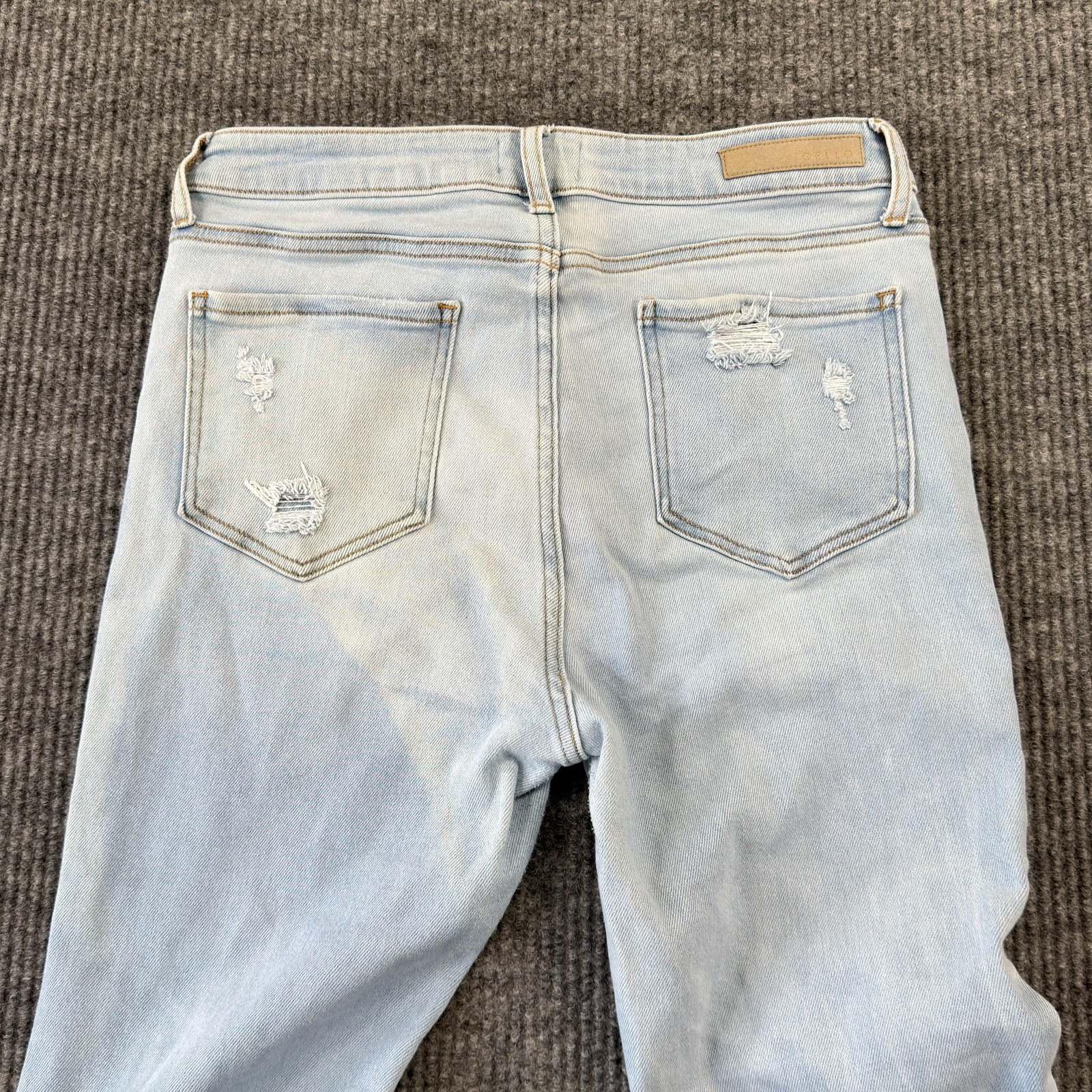 Cello Flare Jeans WomensM13 Light Wash High Rise Distressed Fringe Hem Stretch