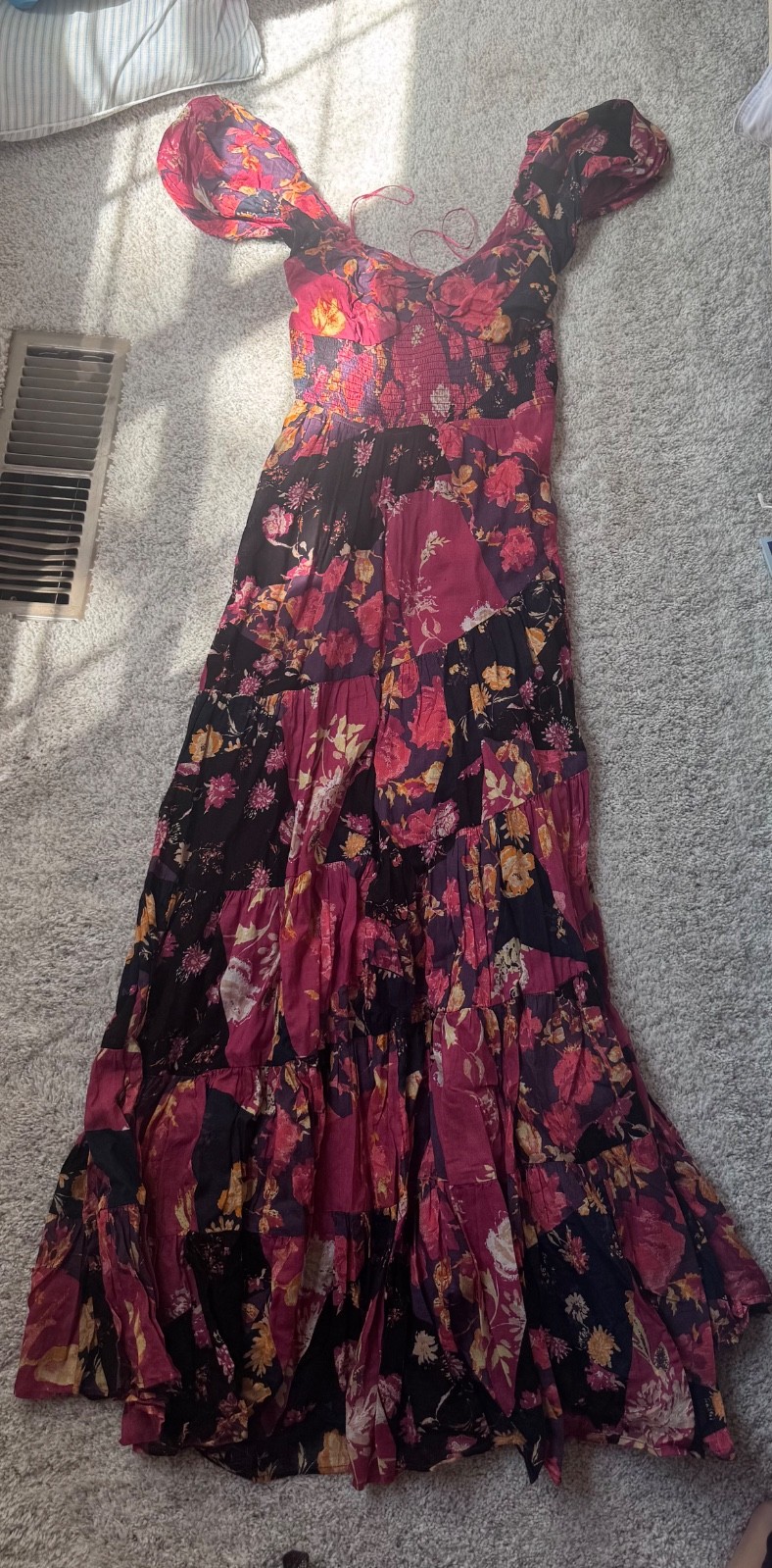 Free People Size S Sundrenched Floral Smocked Maxi Flowy Dress Boho Prairie Y2K