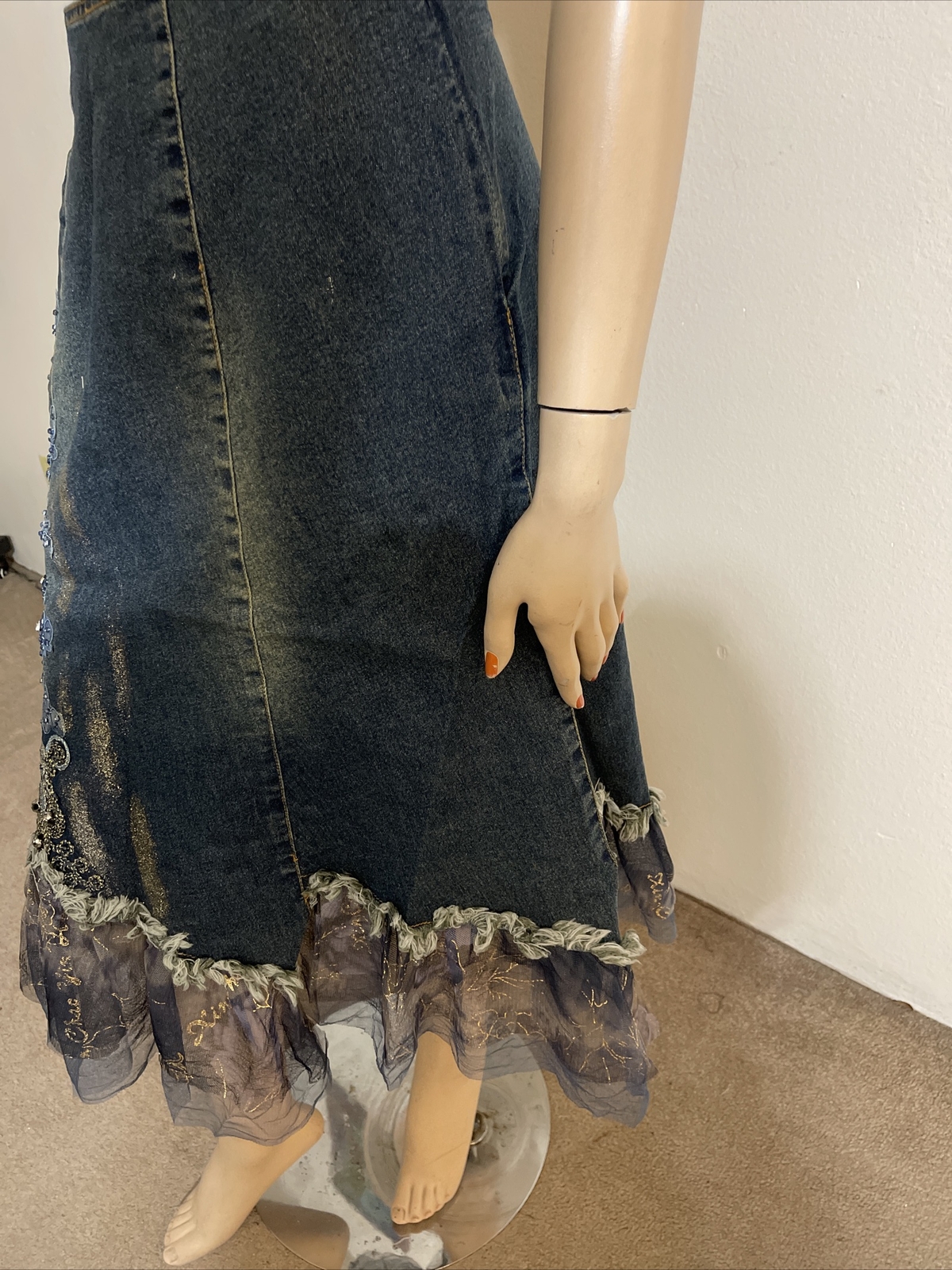 Blue Denim Beaded Embroidery Lace Boho Asymmetric Zip Size XL (10-12) Skirt 9002