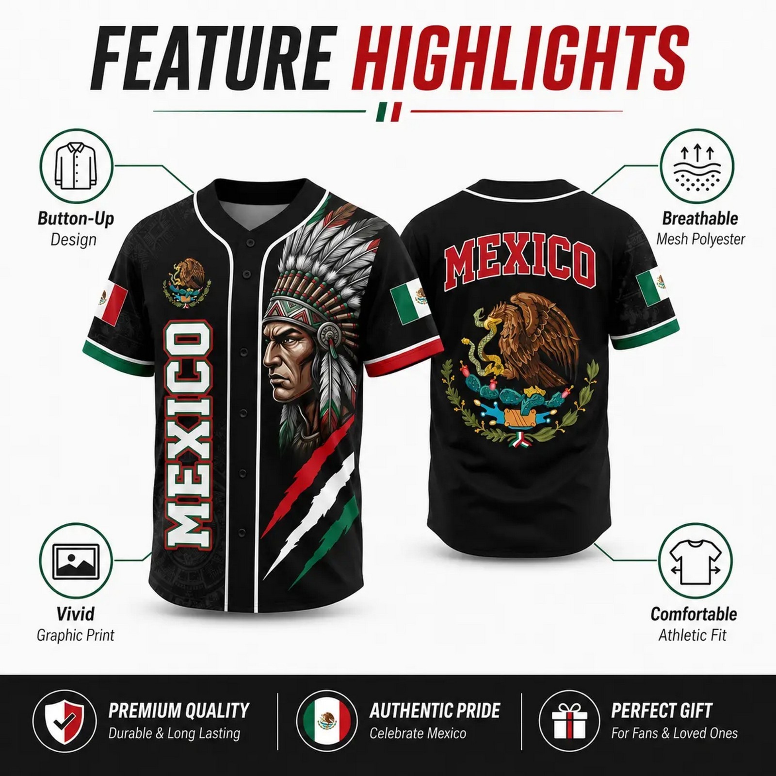 Mexico Baseball Jersey, Aztec Warrior Button Up Shirt, Mexican Flag Eagle Jersey