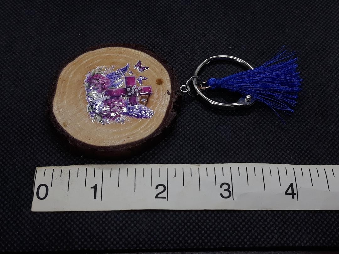 Beautiful Handmade Purple Flowers & Butterfly Wood Round Keychain Tag