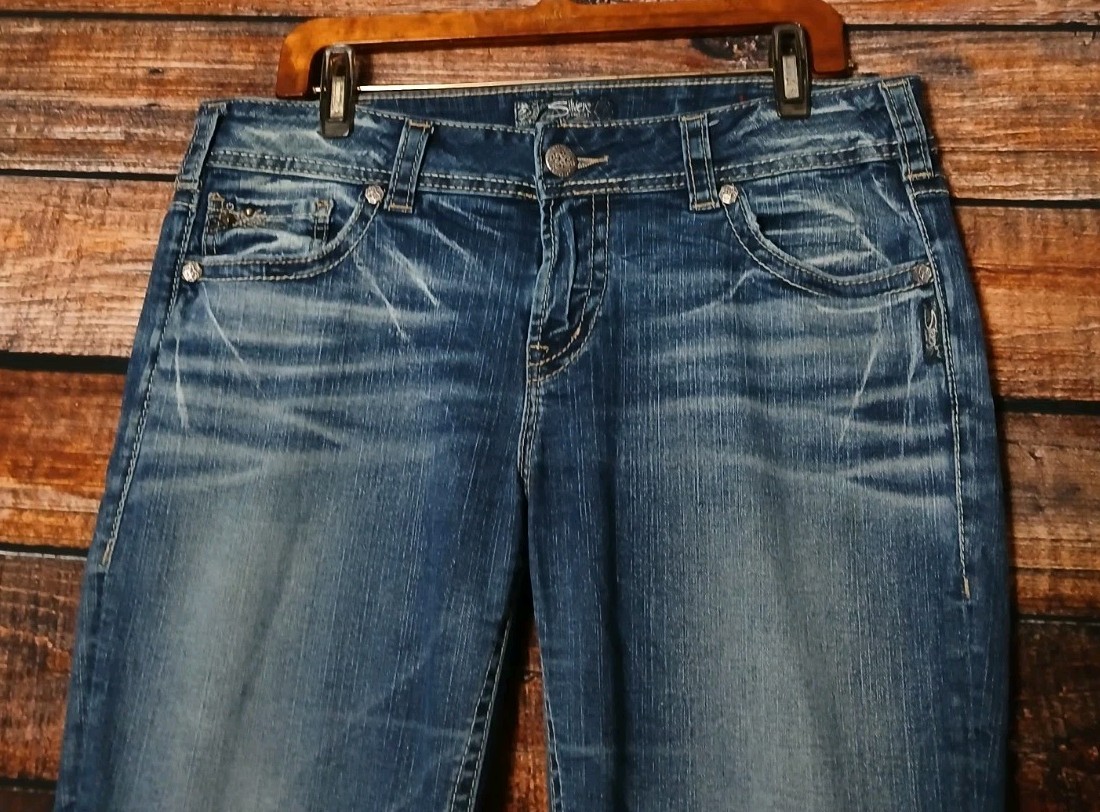 Silver Jeans 32 14 Long Suki Mid Straight Dark Wash Distressed Denim Stretch