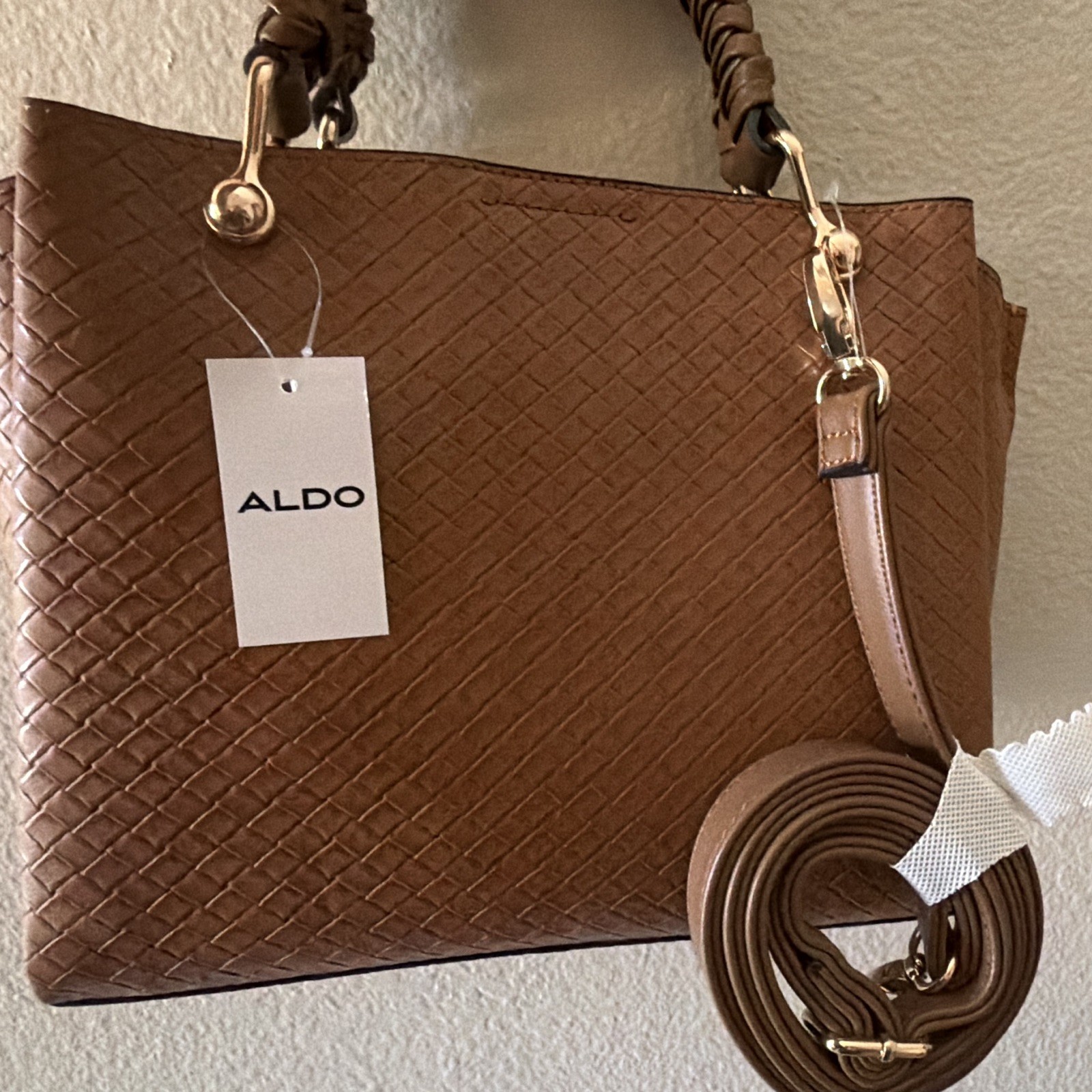 ALDO Women’s Brown Woven Tote Braided Top Handle Zip Detachable Strap Gold