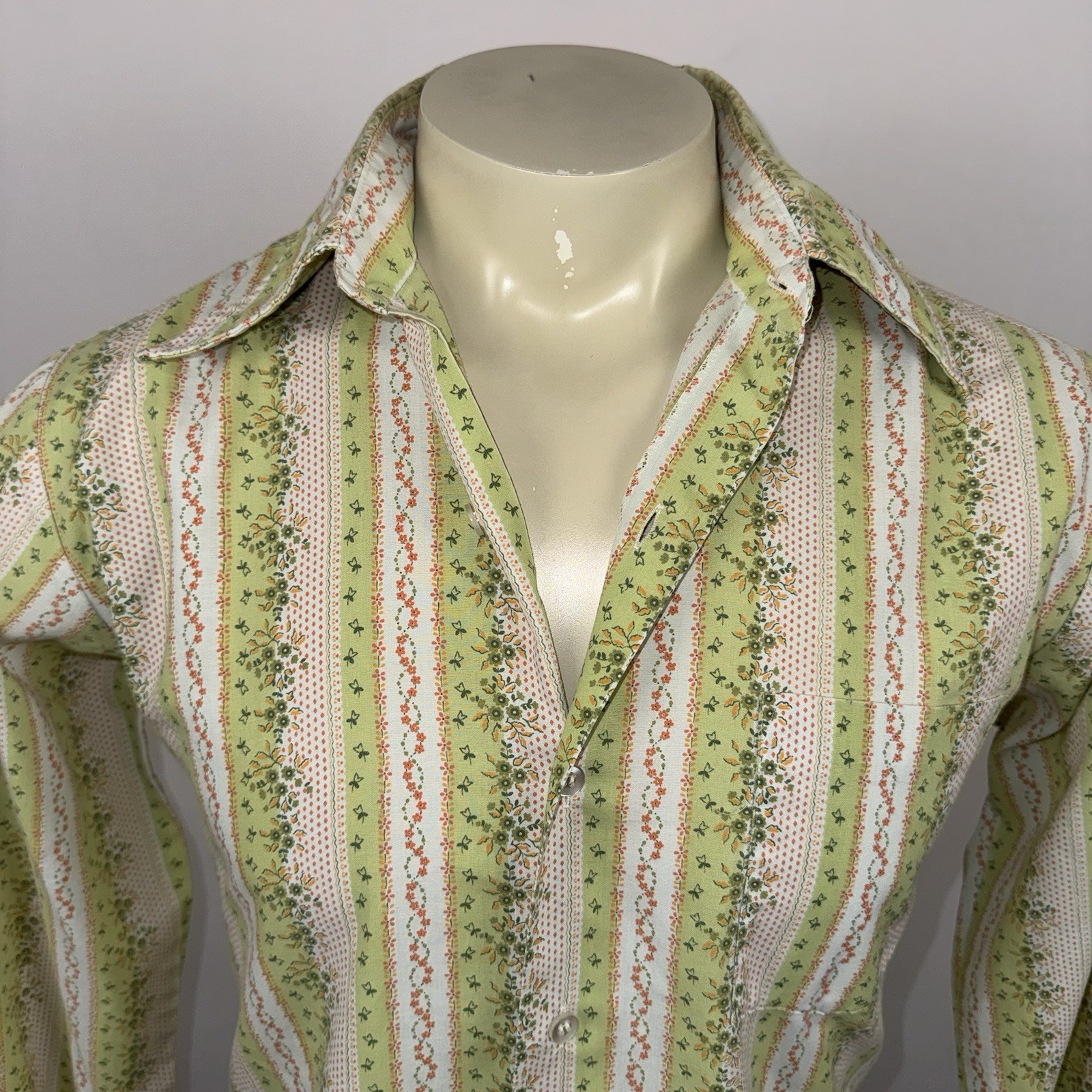 1960s Towncraft Penneys Shirt Vtg Hippie Disco MCM Mod Green Floral Mens Medium