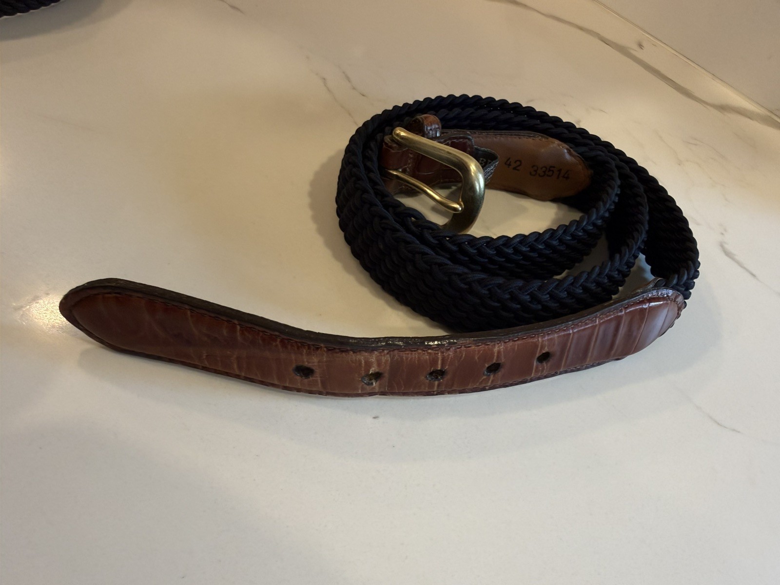 Brighton Mens Moc Croc Leather Belt & Black Woven Stretch Elastic Cord Size 42