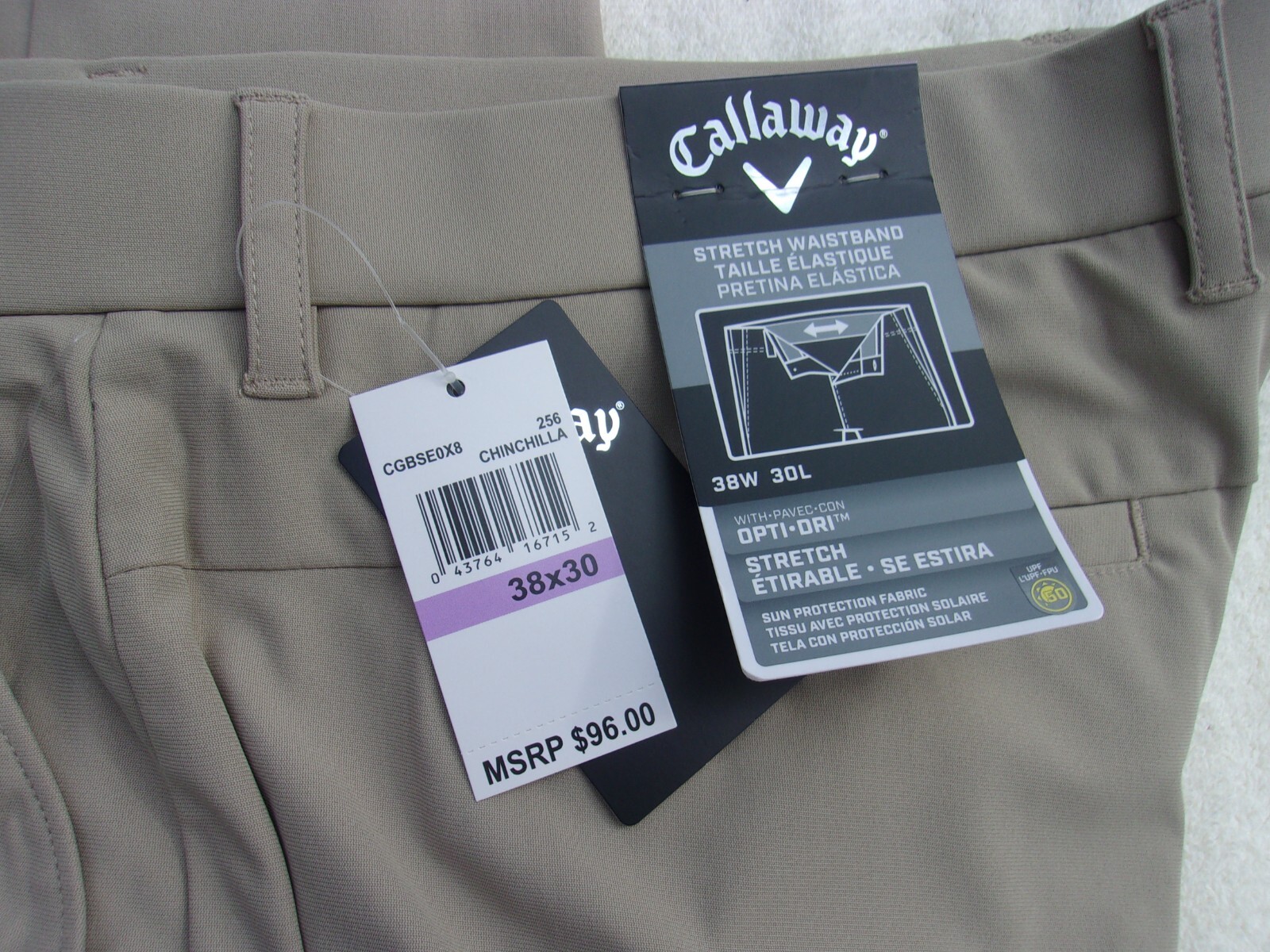 NWT Callaway poly. blend golf pants, men’s 38 x 30, green, or dark khaki, $96