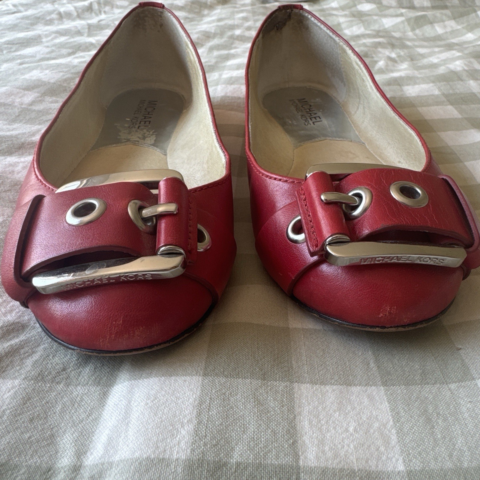Michael Kors Red Leather Ballet Flats Slip On Buckle Logo Accents Women 7