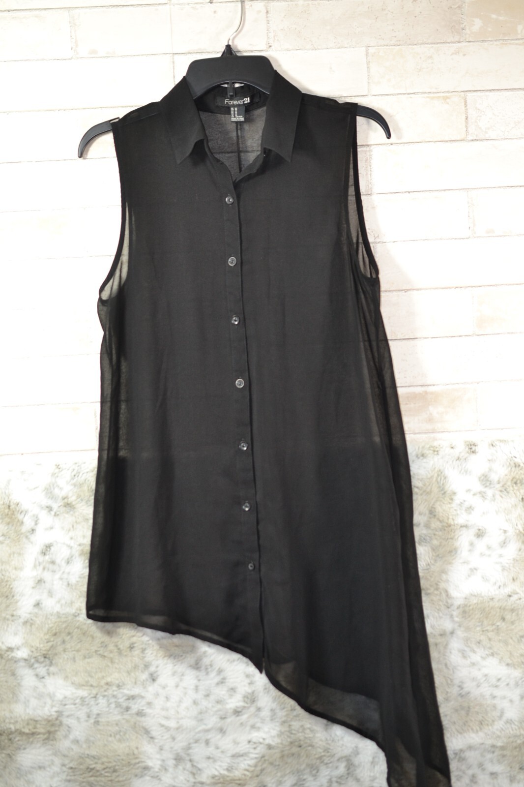 Forever 21 Asymmetrical Chiffon semi sheer blouse shirt buttons M Black