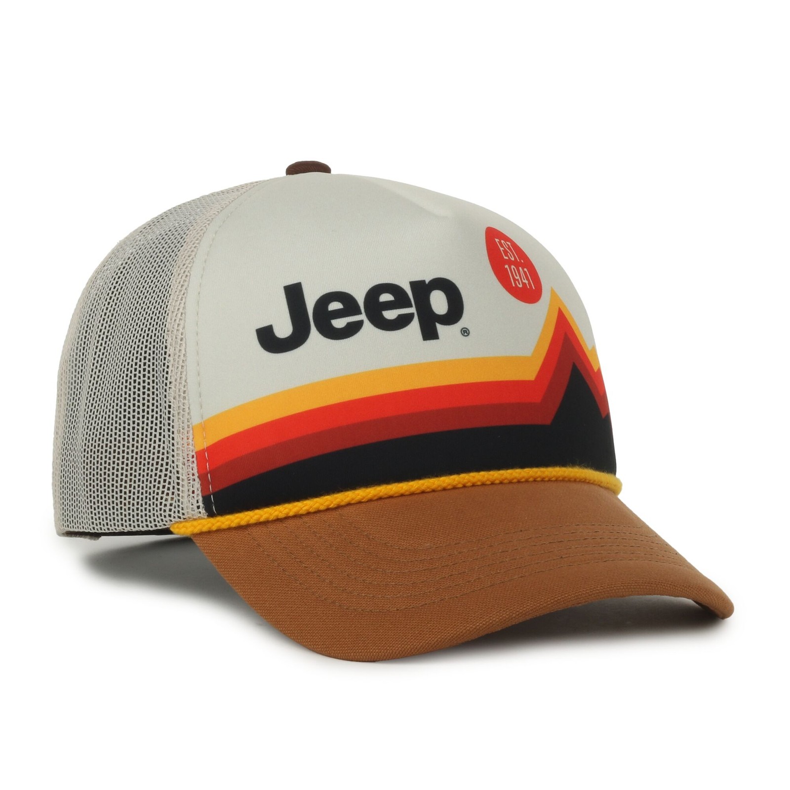 Jeep Retro White Mountain Graphic Trucker Hat Putty Pre-Curved Visor, Mesh Back