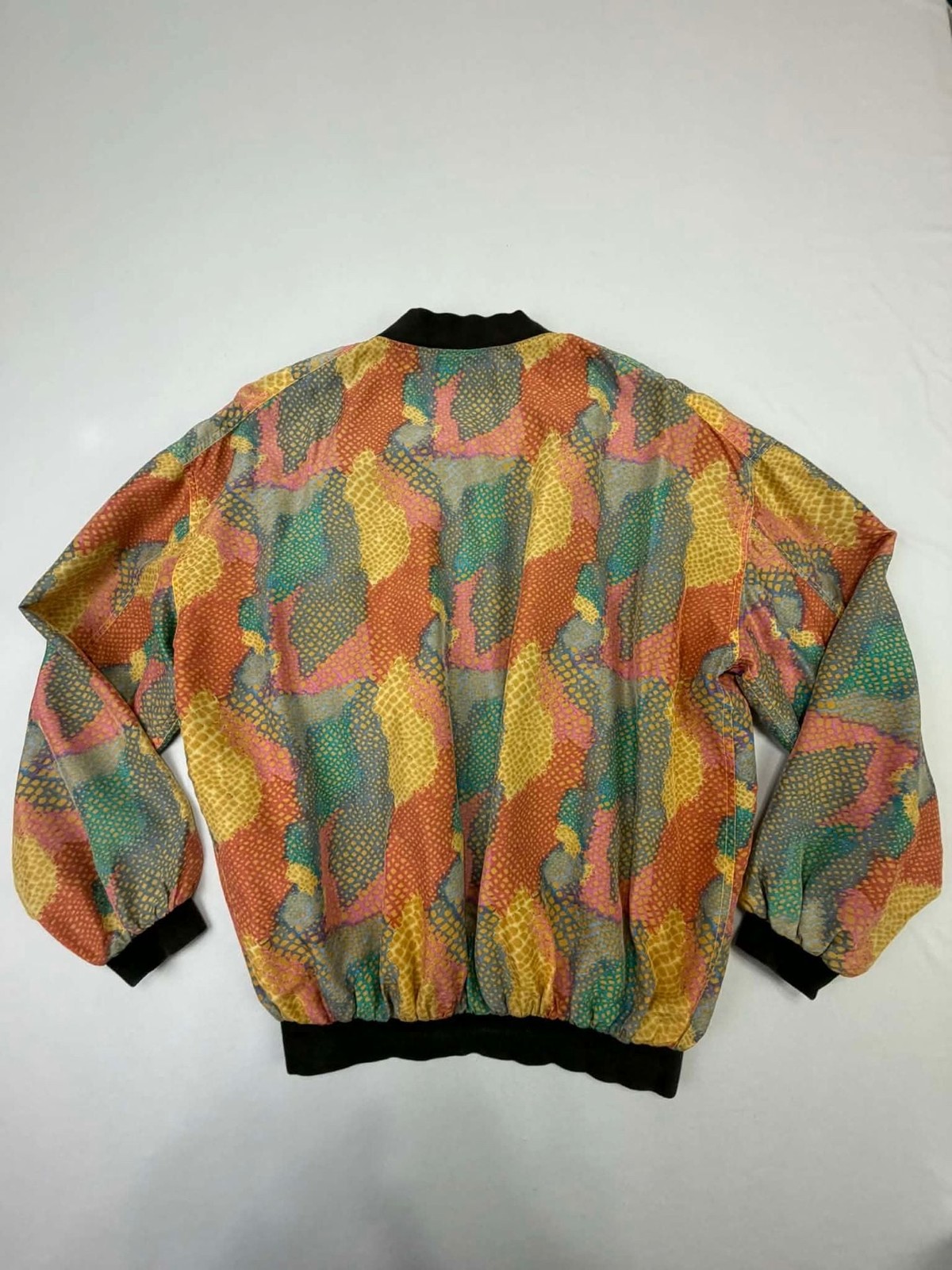 Vintage Robert Stock Limited 100% Silk Abstract Snakeskin Print Bomber Jacket