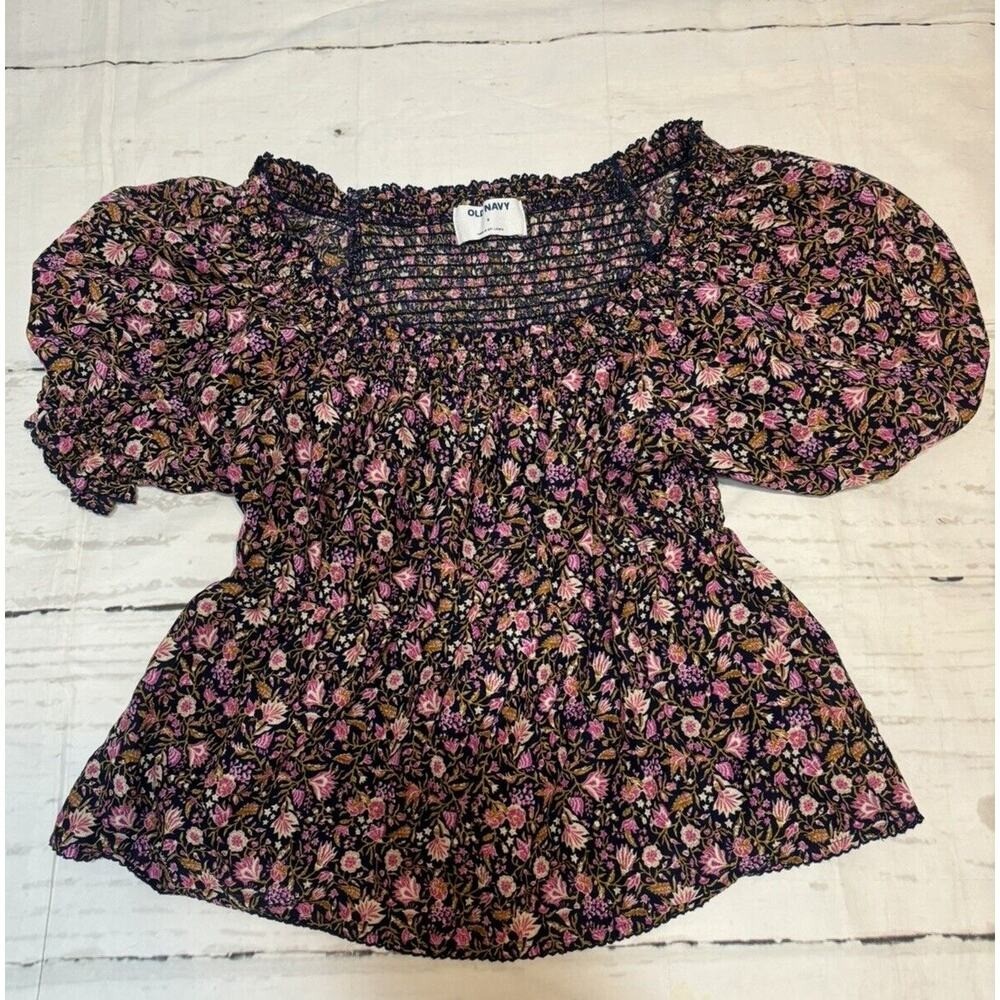 Cottagecore Shirt Small Blue, Pink Floral Smocked Lightweight Stretch Old Navy