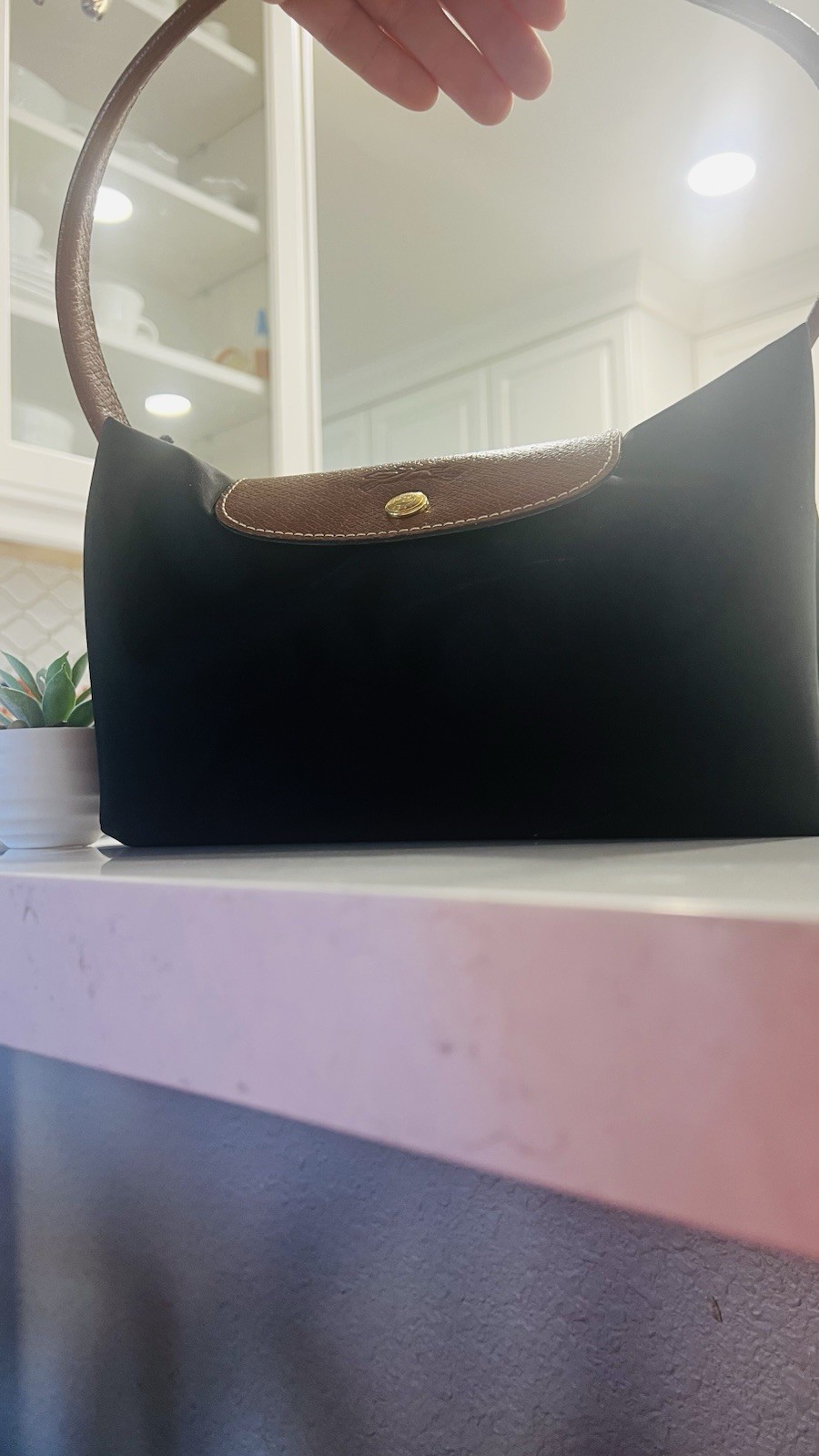 Longchamp Le Pliage Large Black Tote, Brown Leather Handles, Gold Hardware