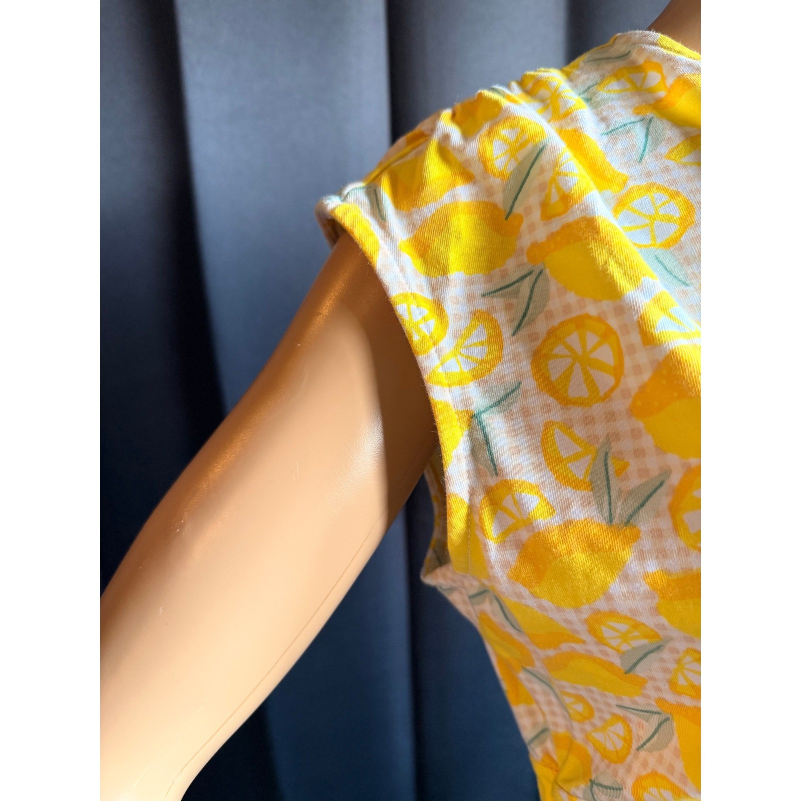 Lands End Yellow Lemon Print Faux Wrap Dress Size MP Sleeveless Gingham Tropical