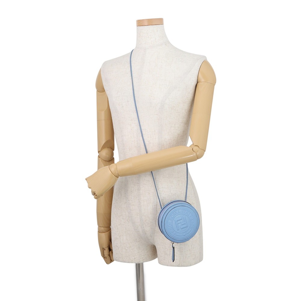 FENDI FF Logo Round Pouch Leather Light Blue 7M0359