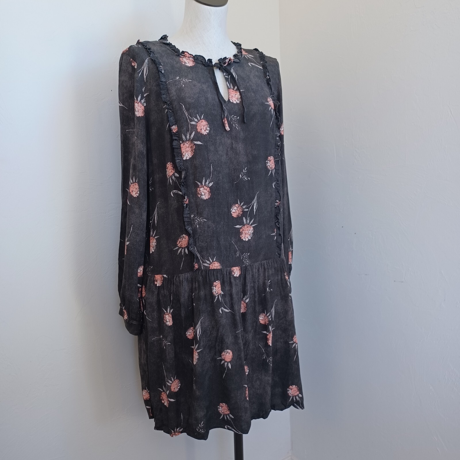 Caslon Dress Womens Med Brown Pink Floral Long Sleeve Drop Waist Tie Neckline