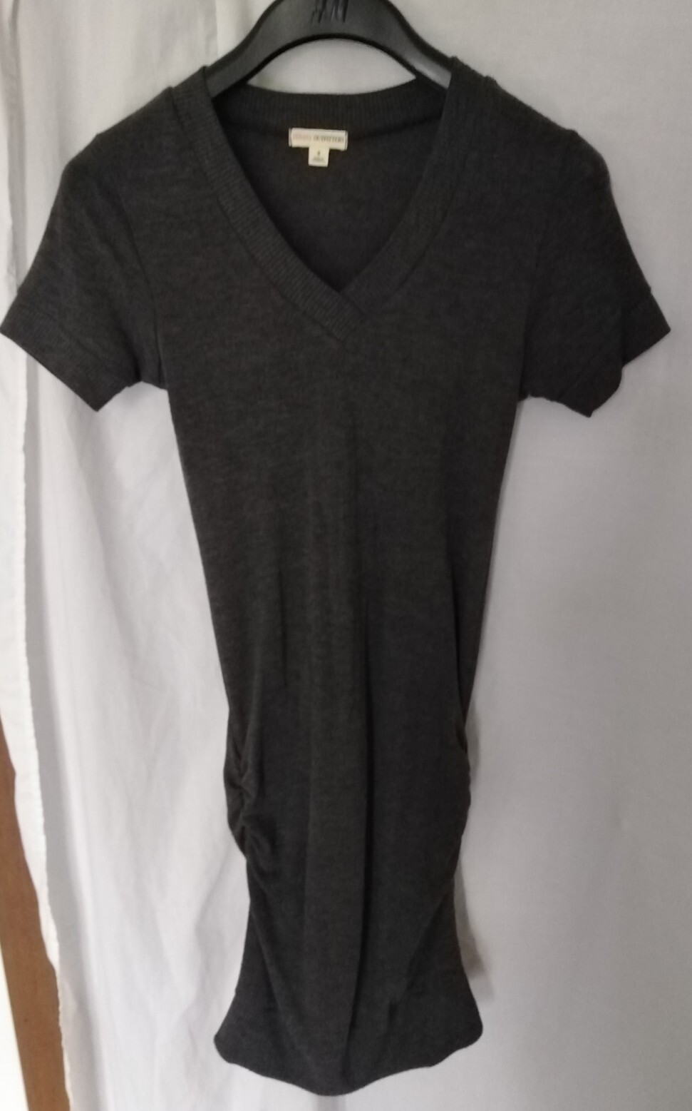 Knitted Dress Uk Small V Neck Stretch Fabric Women’s Gathered Sides Charcoal