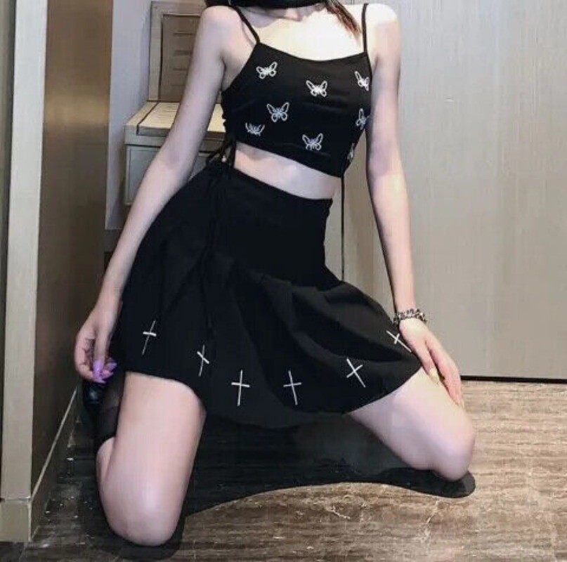 High Waist Mini Skirts Punk Pleated Skirt Gothic Streetwear Cross Print Pleated