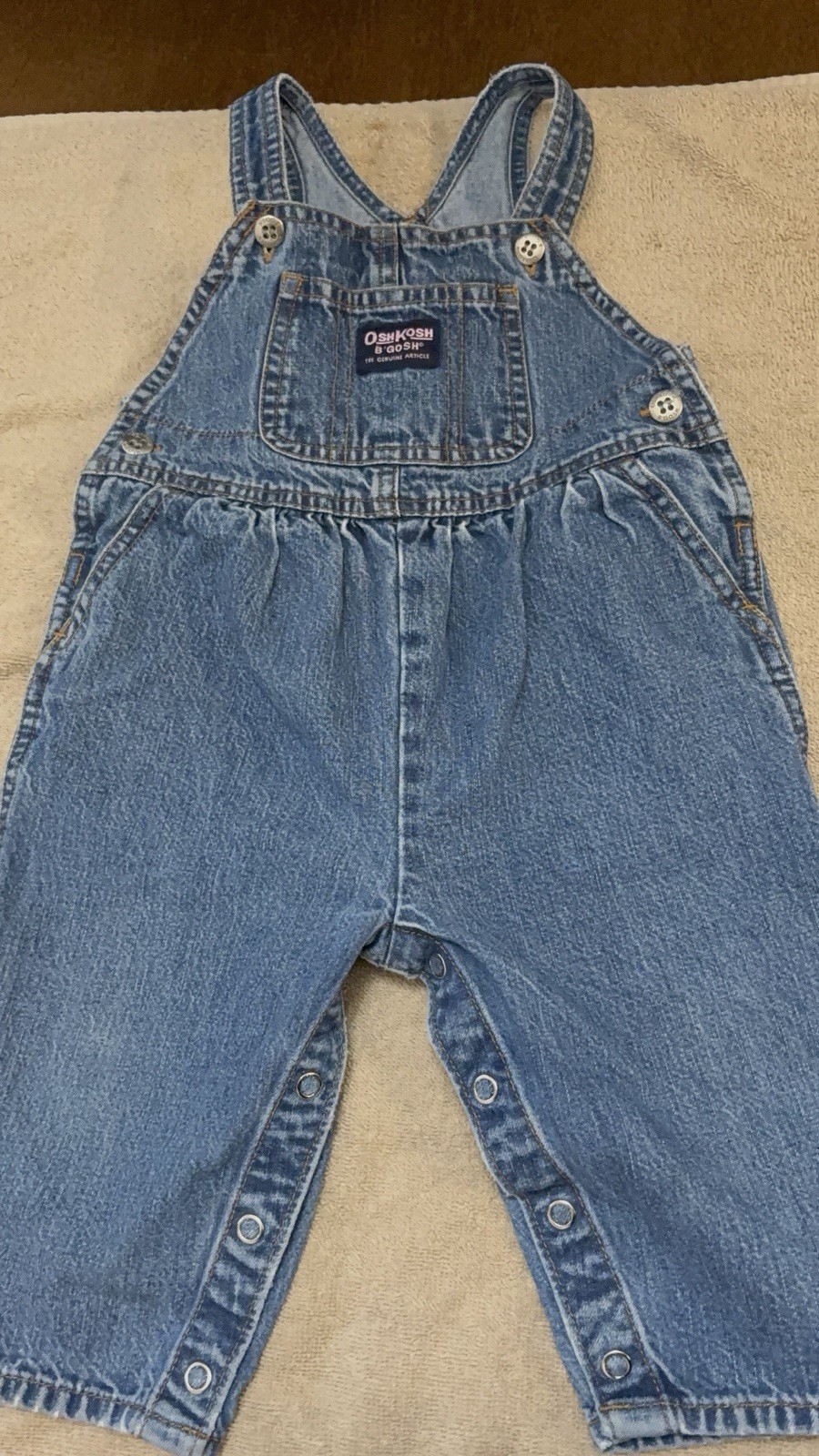 Vintage OshKosh B’Gosh Denim Overalls 12M Baby Girls Pink Logo Snap Inseam Pants