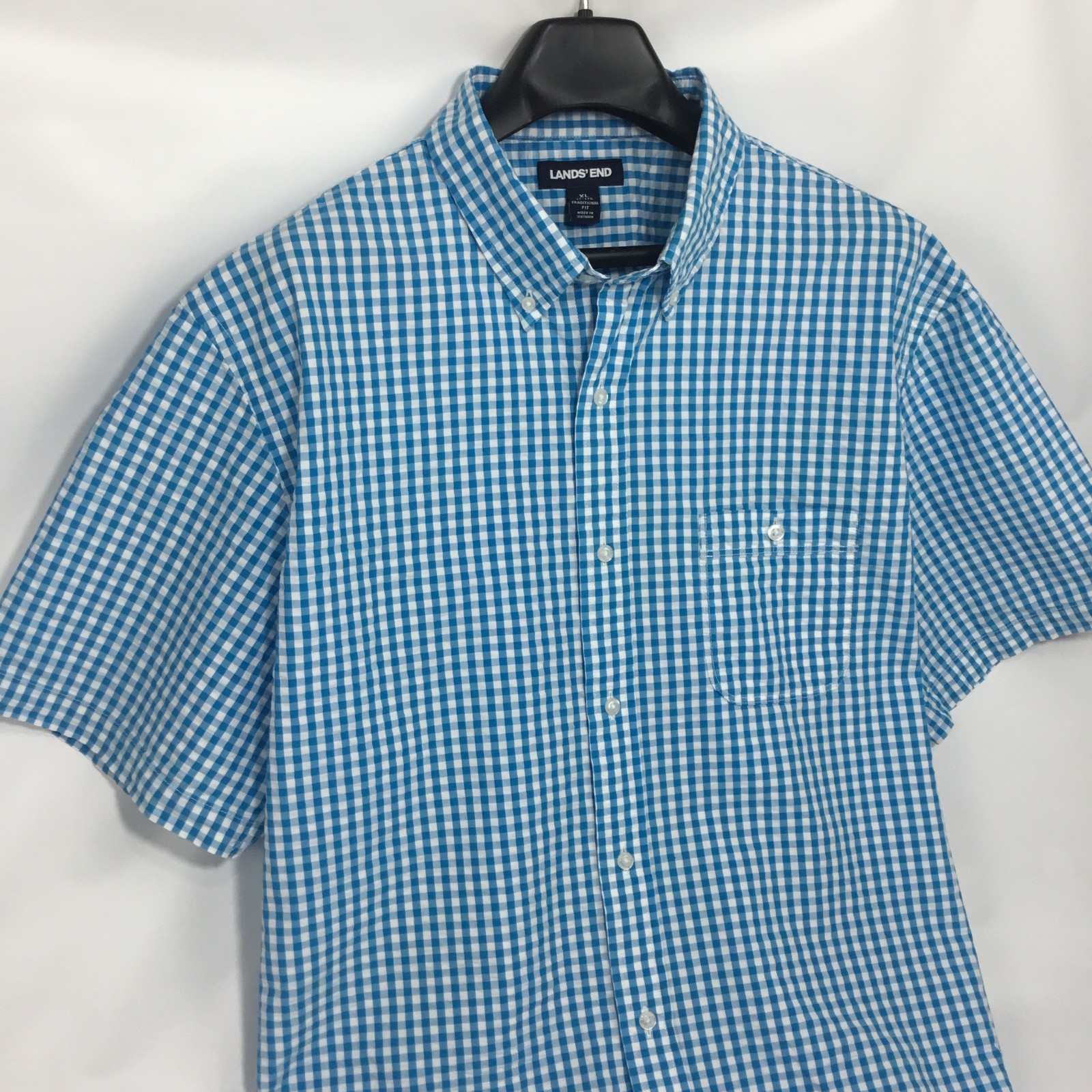 Lands End Mens Seersucker Shirt XL Blue White Gingham Short Sleeve Traditional