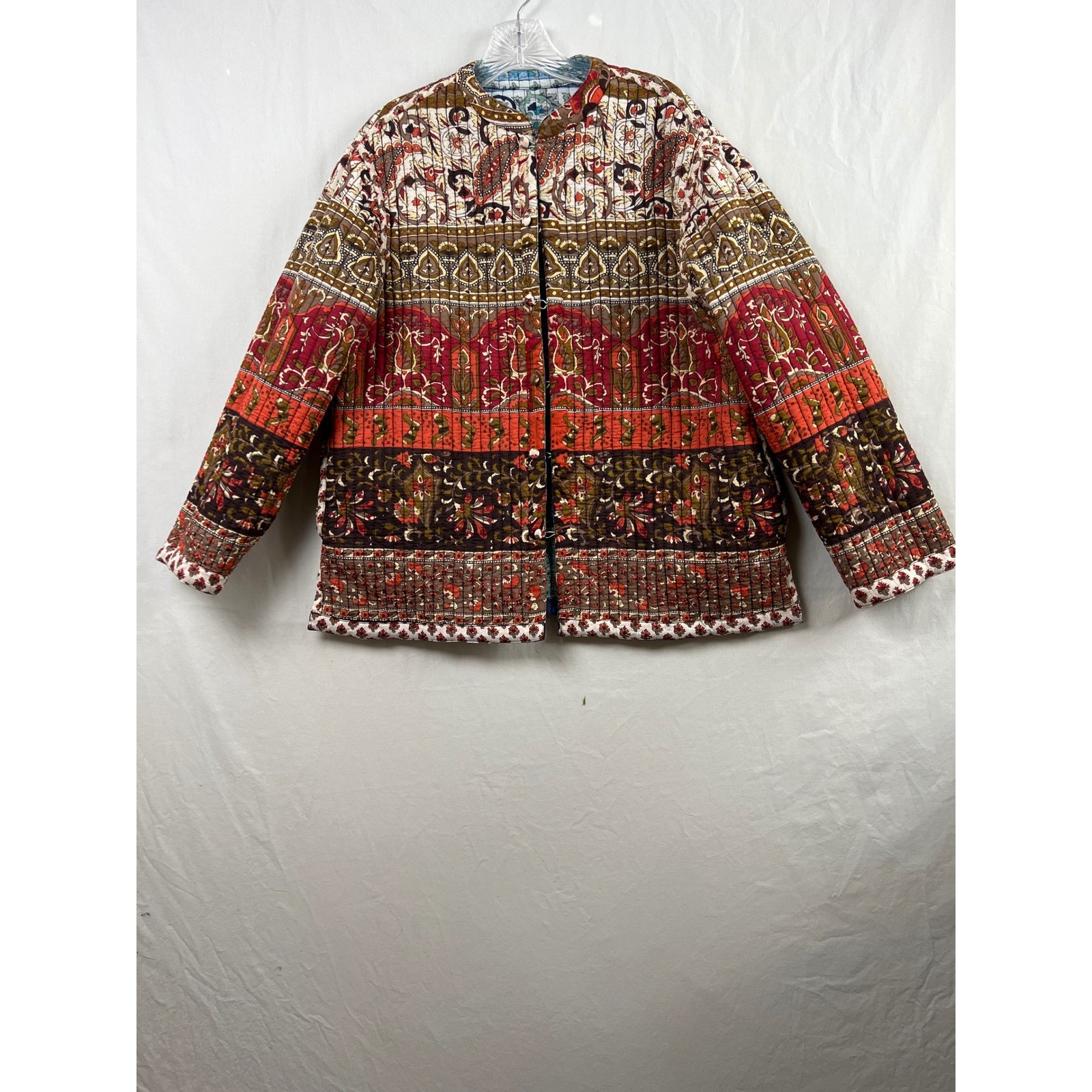 Phool Reversible Quilted Jacket Women Medium Blue Rust Cotton Paisley Boho India