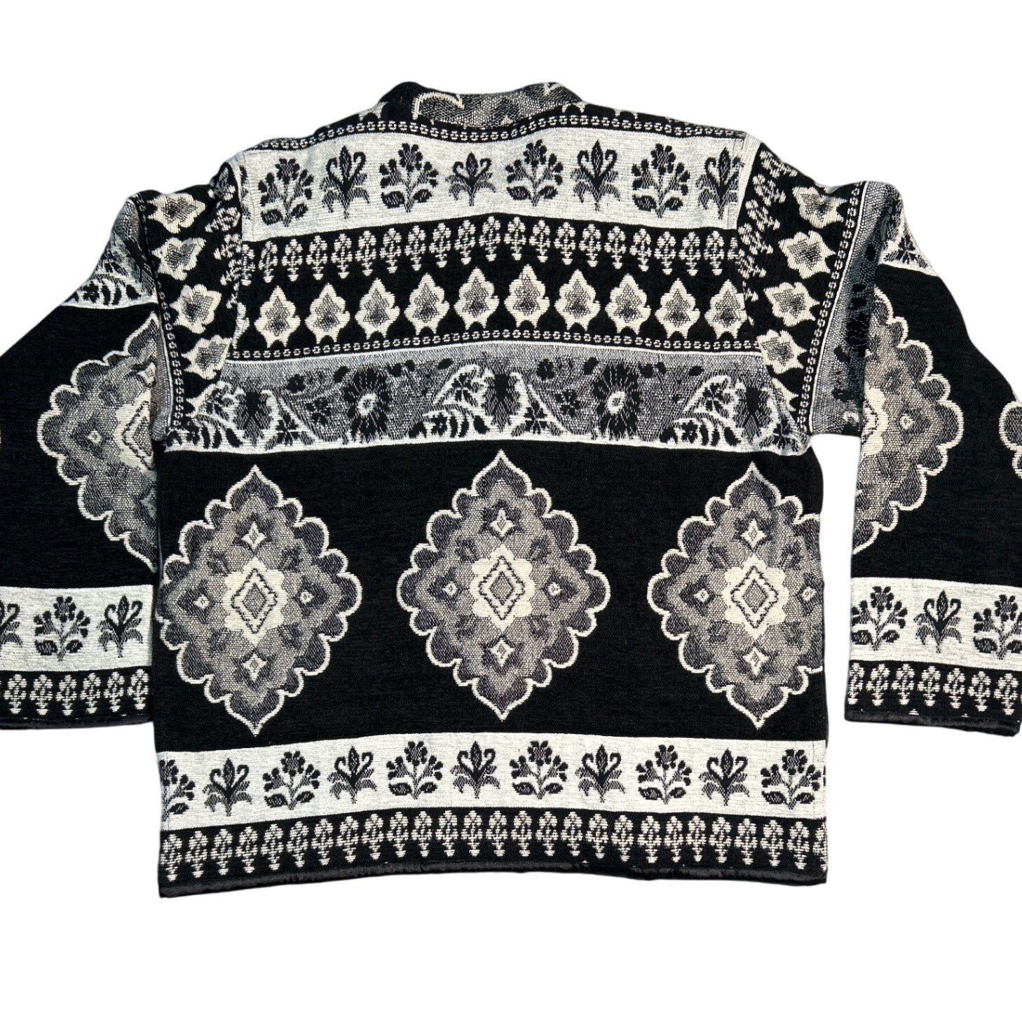 Flashback Cardigan Black White Tapestry Floral Jacket VTG Boho Chic Festival Y2K