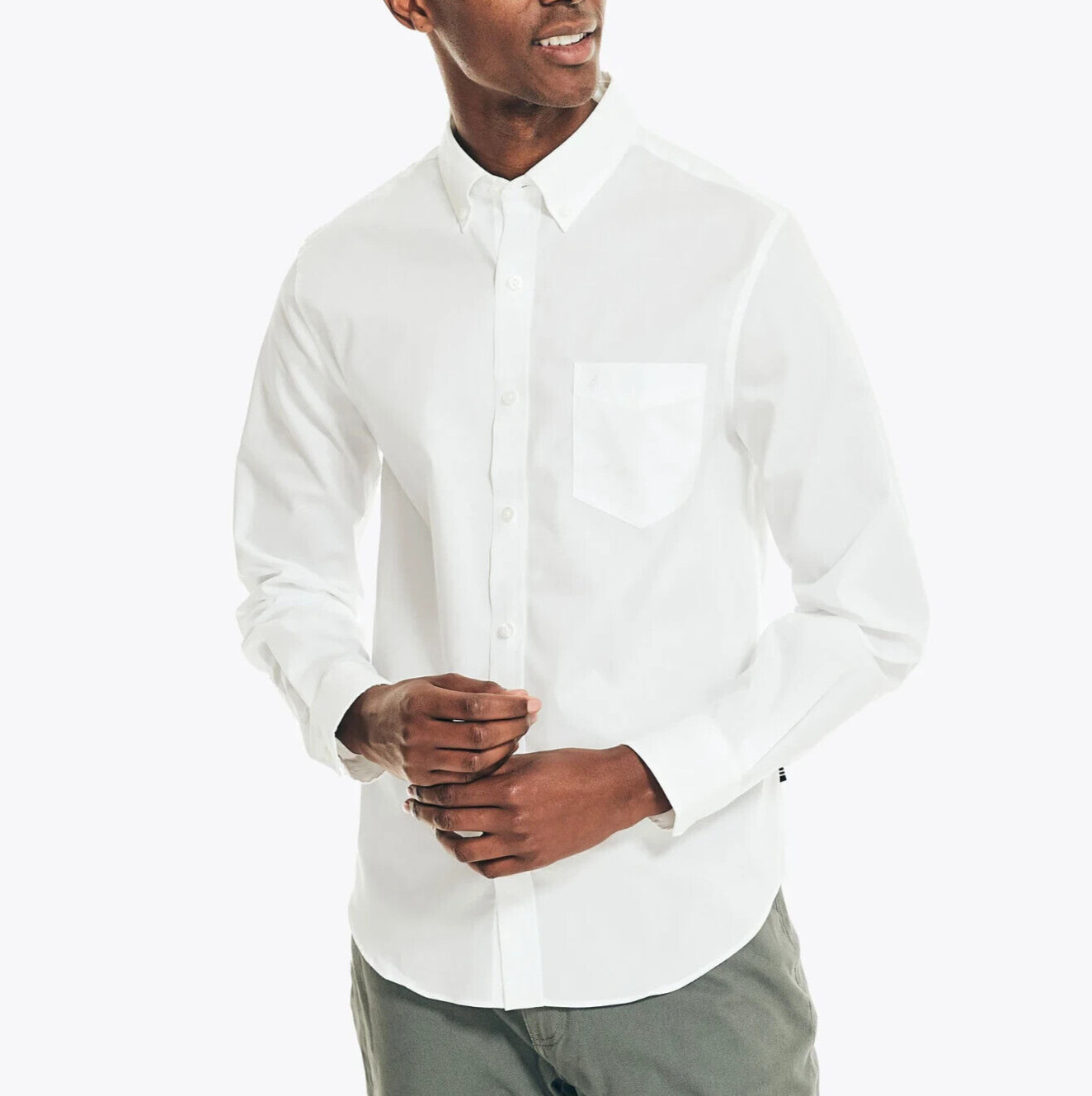 Nautica Mens Slim Fit Wrinkle Resistant Non-Iron Stretch Button Down Shirt White